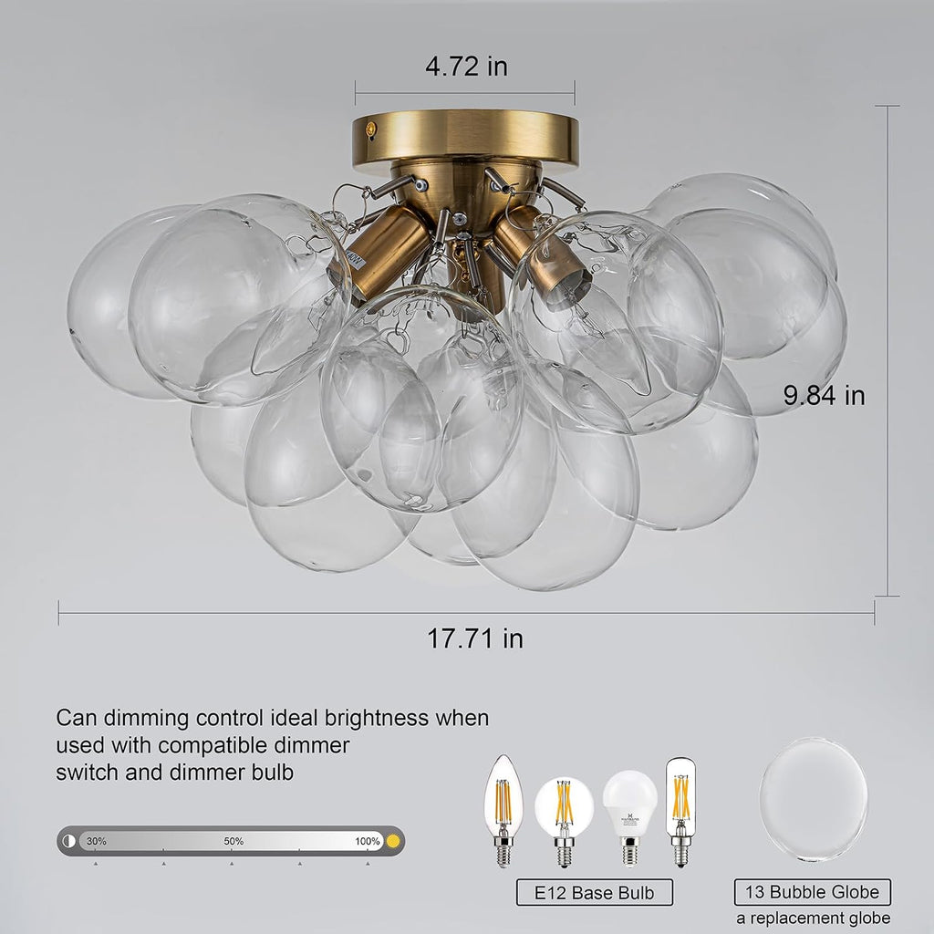 Semi Flush Mount Chandelier Gold Close to Ceiling Light Fixtures Modern Bubble Ball Glass Chandelier Mid Century Ceiling Pendant Light 17.72in 13 Globe for Bedroom Foyer Living Room Kitchen Island