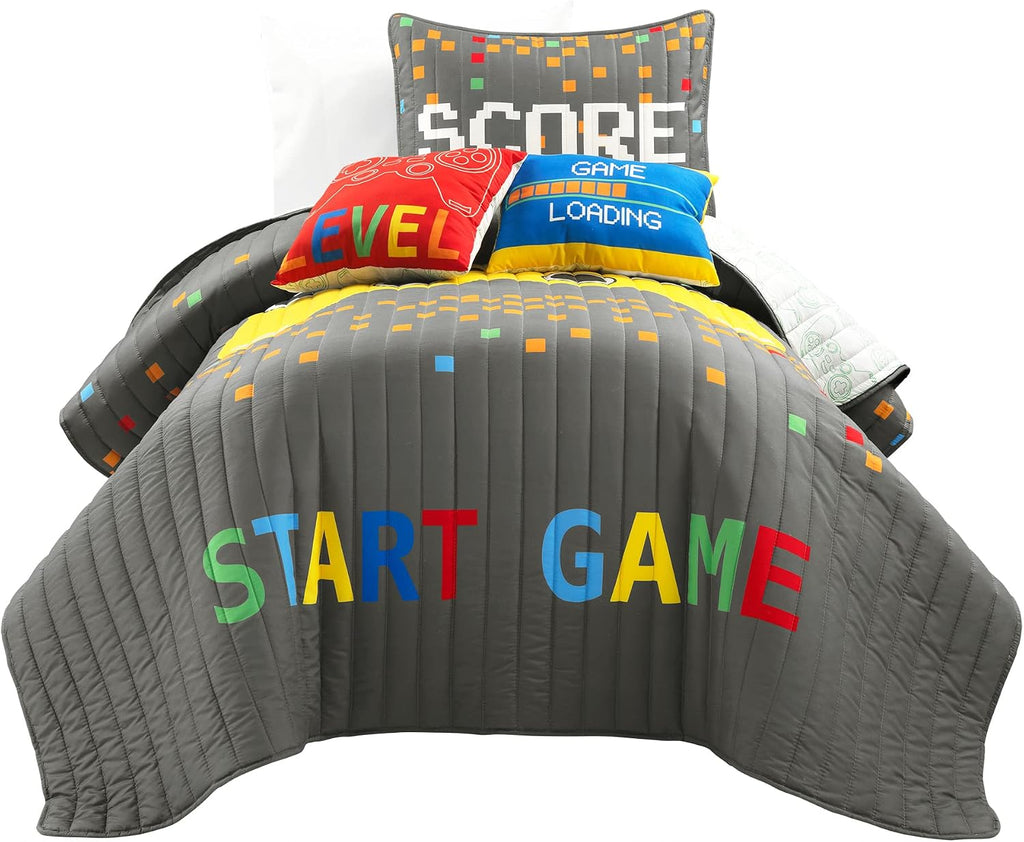 Lush Decor Video Games Reversible Quilt Twin Size 4 Piece Set Gray & Yellow - Toddler Bedding Set Twin Quilt - Kids Bedroom Decor