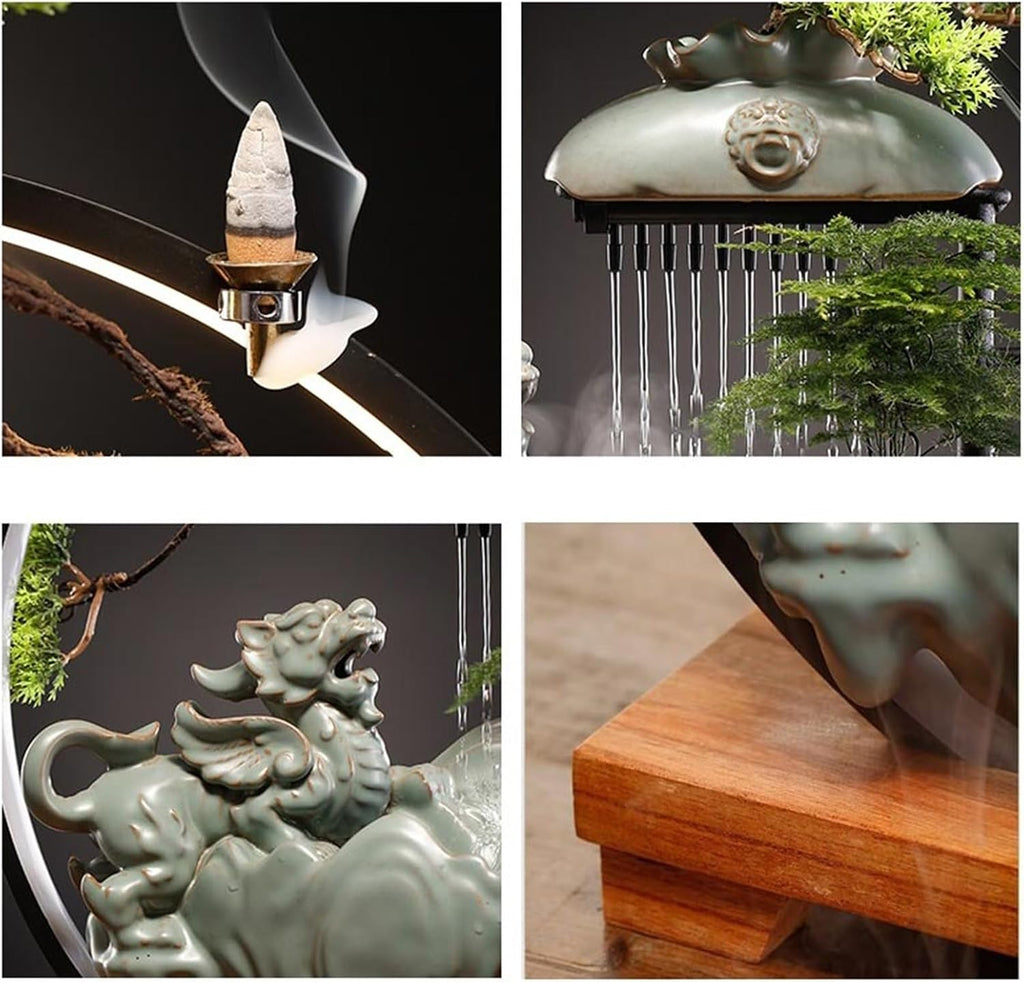 Tabletop Ceramic Tabletop Fountain with LED Light Ring and Backflow Incense Burner Holder Circulating Water Feature Decor