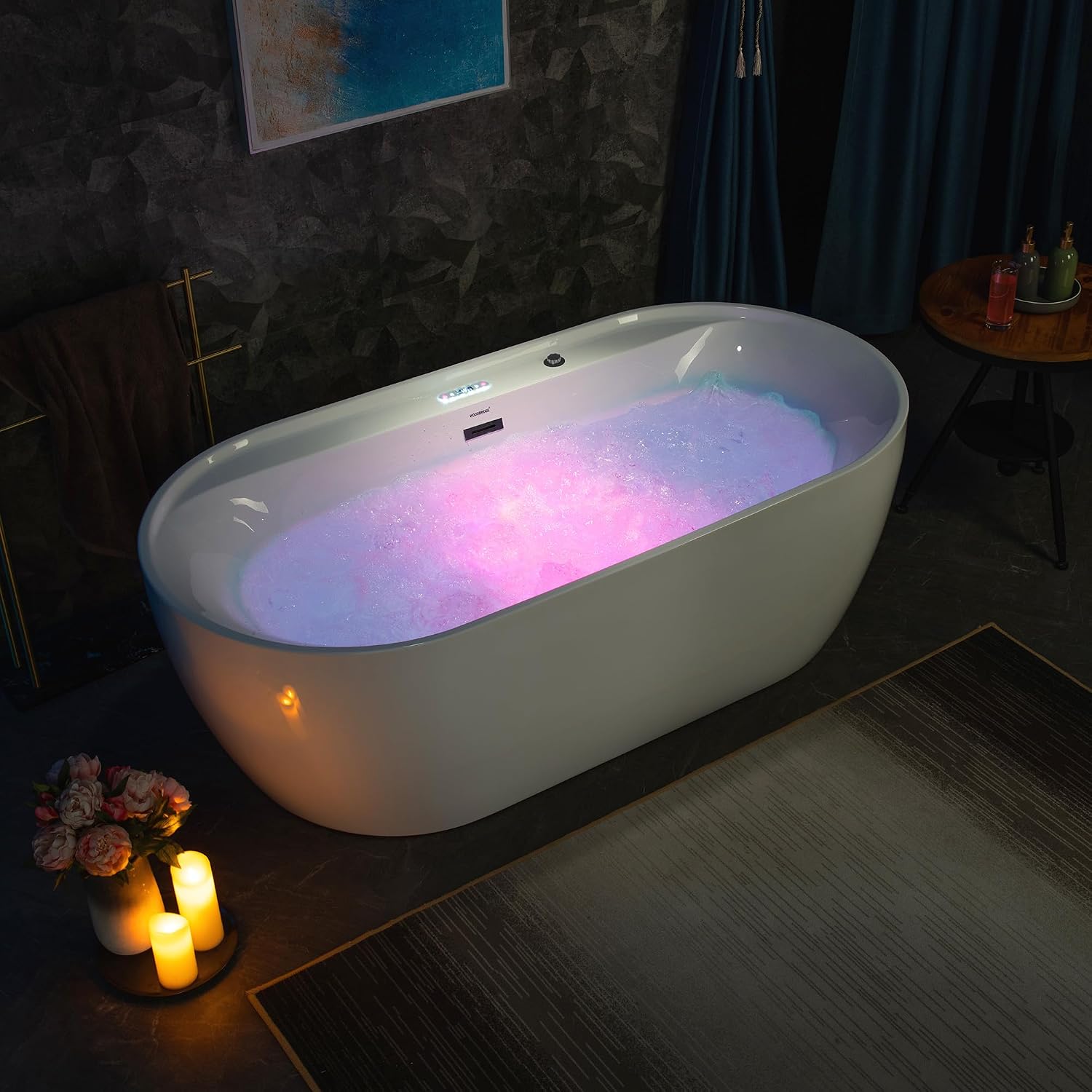 WOODBRIDGE 72' x 35-3/8' Whirlpool and Air Bath Heated Soaking Combination Tub with Adjustable Speed Air Blower and Display Control Panel, Matte Black Finish Trim and Drain Kit, BM500