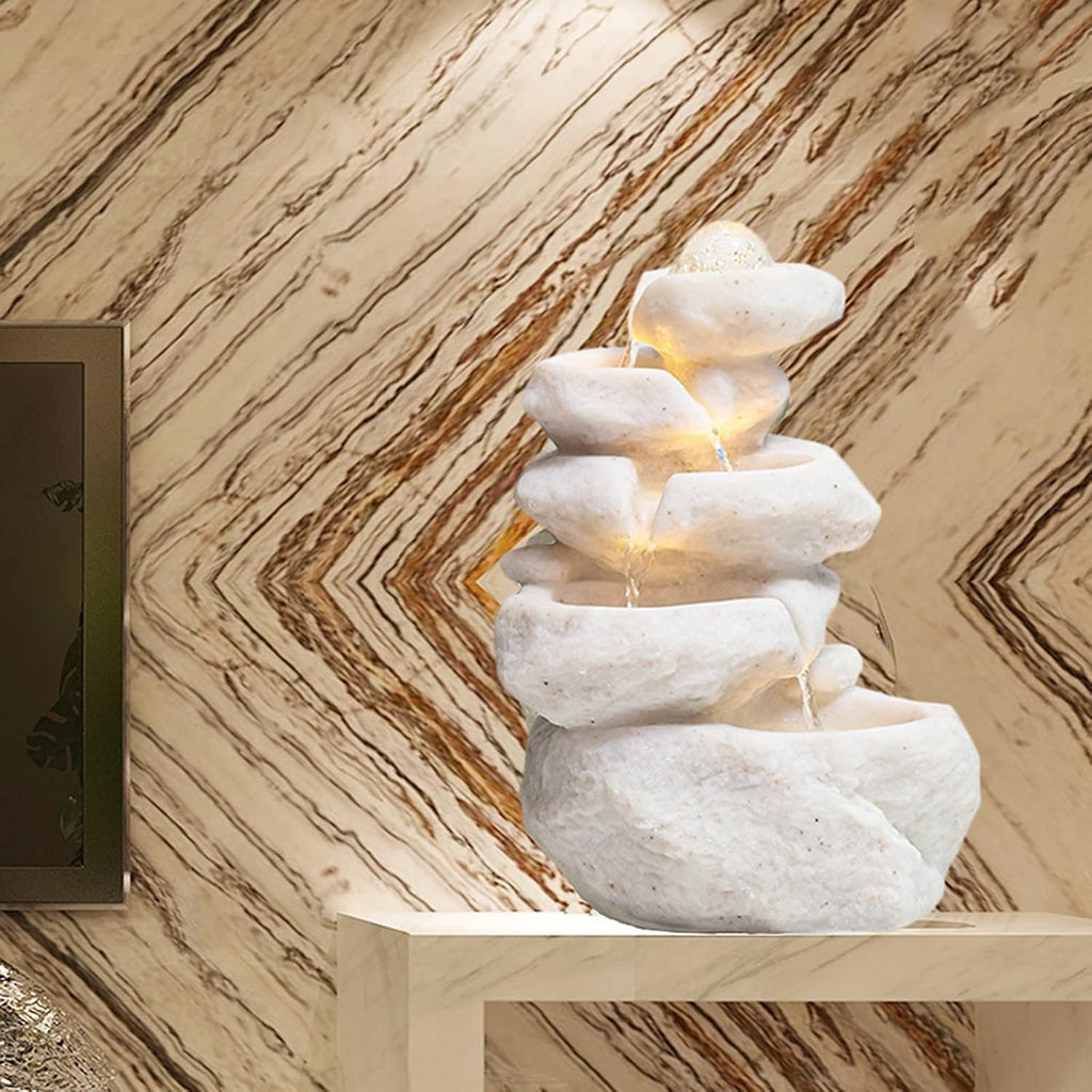 Tabletop Fountain Indoor Tabletop Fountain with LED Lights, Decorative Tiered Rock and Waterfall Design, Quiet and Soothing Water Sound, Small 13.7 Inch Desktop Size Water Fountain Indoor Fountain(Whi