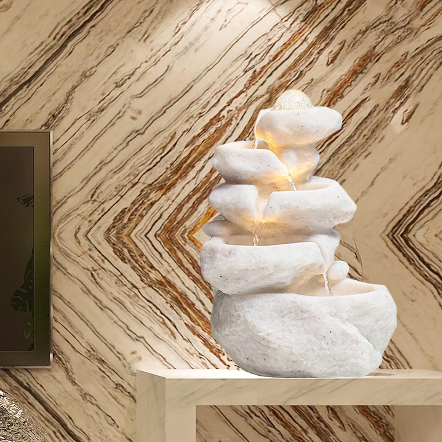 Tabletop Fountain Indoor Tabletop Fountain with LED Lights, Decorative Tiered Rock and Waterfall Design, Quiet and Soothing Water Sound, Small 13.7 Inch Desktop Size Water Fountain Indoor Fountain(Whi