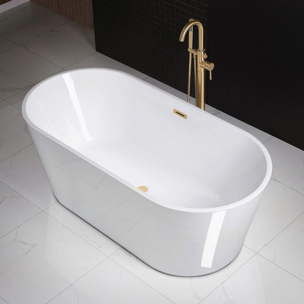 WOODBRIDGE 67' Acrylic Freestanding Bathtub Contemporary Soaking White Tub with Brushed Gold Overflow and Drain，B0013-BG