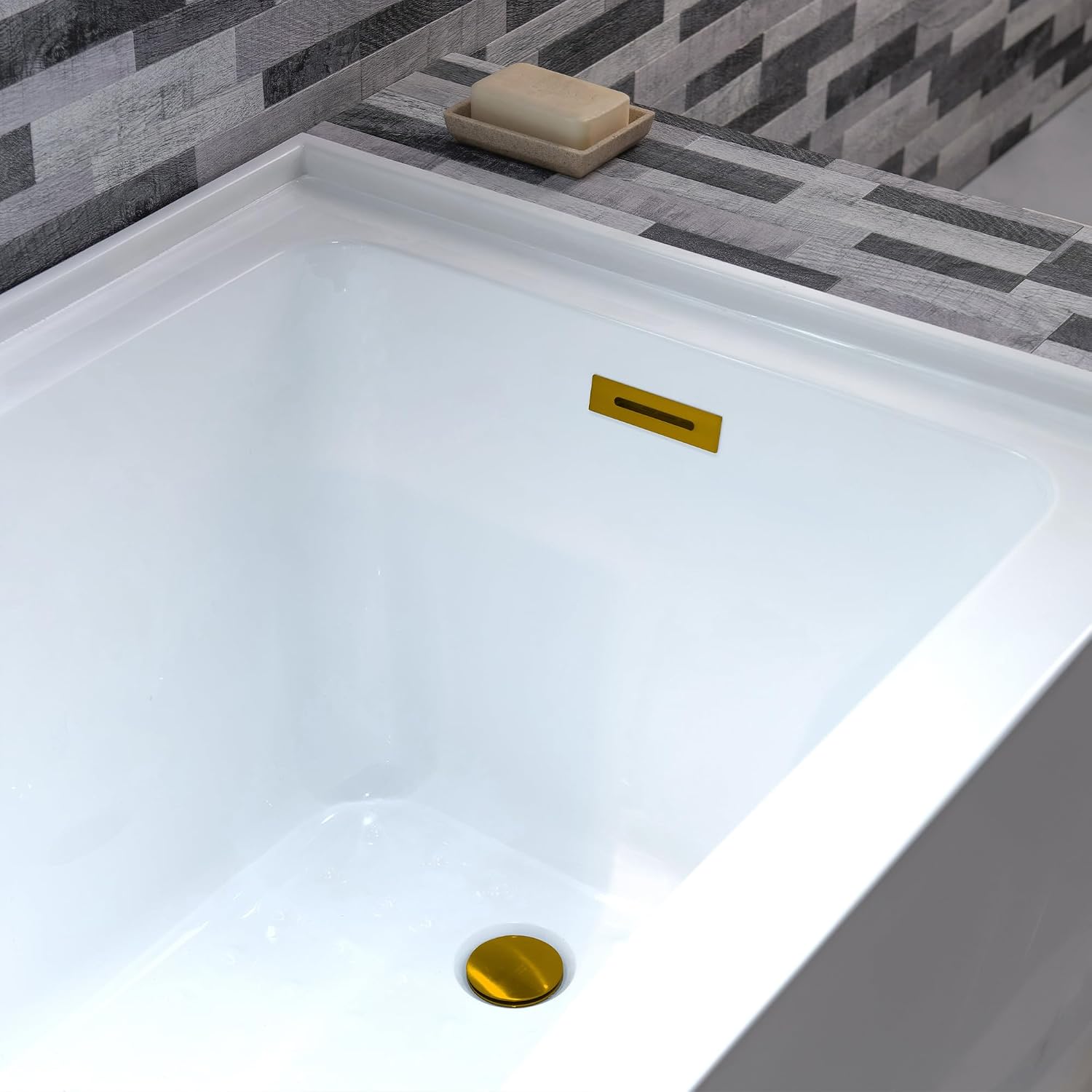 WOODBRIDGE 60' Acrylic Rectangular Alcove Soaking Bathtub in White with Right Drain, Brushed Gold pop-up Drain Included, LB666-R