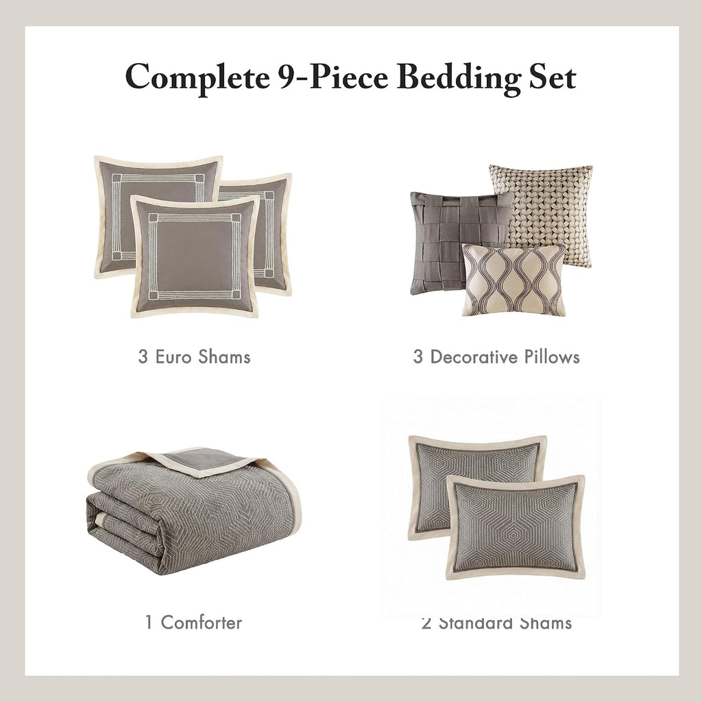 Madison Park Signature Cozy Comforter Set - All Season Bedding Combo Filled Insert and Removable Duvet Cover, Shams, Decorative Pillows, King (110 in x 96 in), Geometric Grey 10 Piece