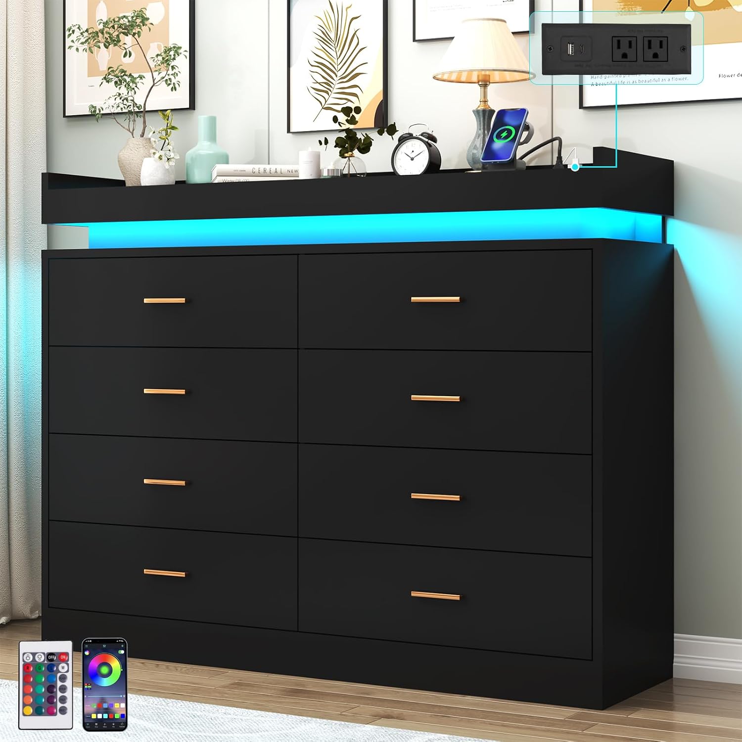 Hlivelood 8 Drawer Dresser with LED Light and Charging Station, Modern Chest of Drawers for Closet, Wide Drawer Organizer Cabinet for Bedroom, Living Room, Entryway, Hallway(Black)