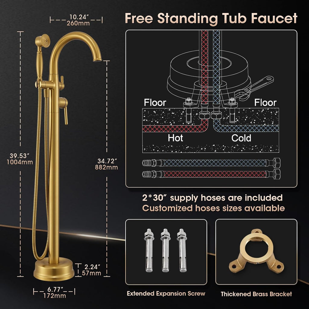 Free Standing Tub Faucet, Wintap Brass Antique Freestanding Bathtub Filler with Handheld Sprayer Max 6.6GPM/60PSI Classic Brushed Gold WT-9811BG