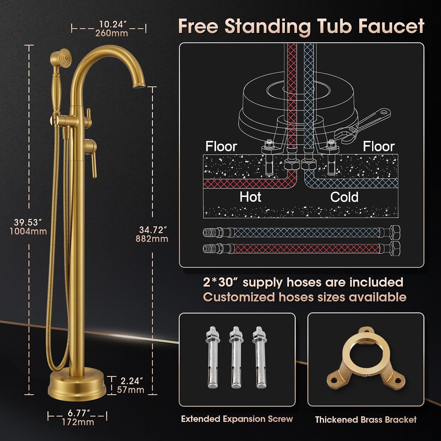 Free Standing Tub Faucet, Wintap Brass Antique Freestanding Bathtub Filler with Handheld Sprayer Max 6.6GPM/60PSI Classic Brushed Gold WT-9811BG