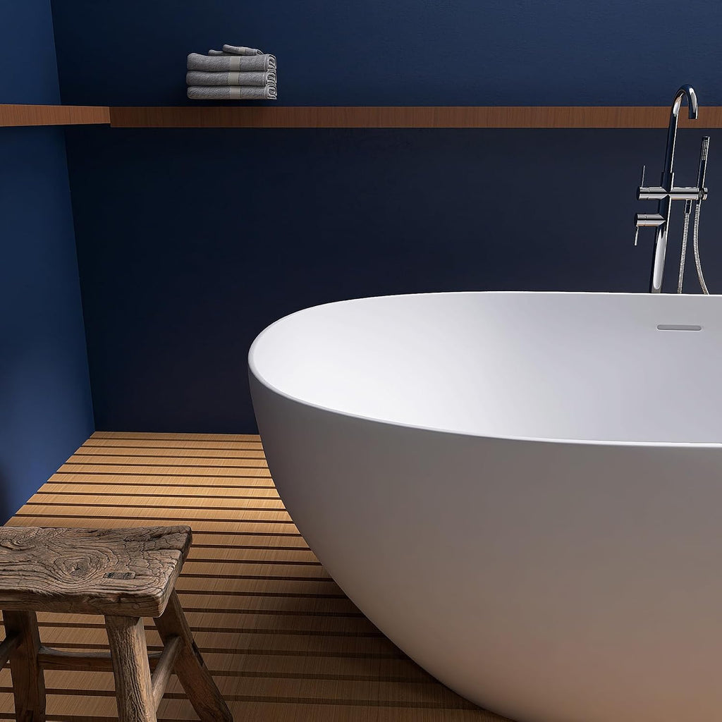 67' Stone Resin Freestanding Bathtub, Oval Solid Surface Bathroom Freestanding Tub, Thin Edge Stand Alone Tub with Integrated Slotted Overflow and Pop-up Drain, Matte White 302-170