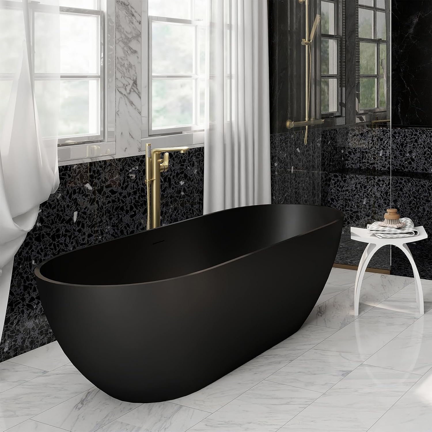 CASAINC 59' Free Standing Tub, Oval-Shaped Stone Resin Freestanding Bathtub Matte Black Solid Surface Soaking Tub with Drain, Drain Hose & Sanding Paper
