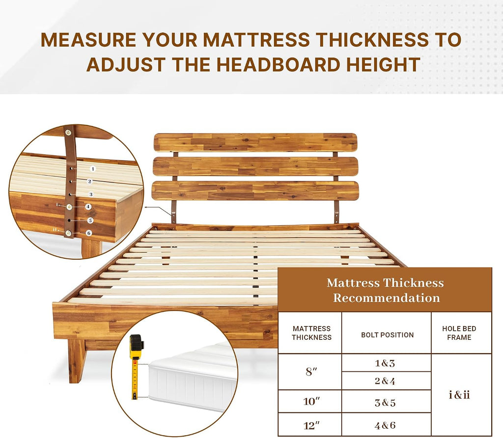 Bme Caden 15 Inch Deluxe Bed Frame with Adjustable Headboard - Mid Century, Retro Style with Acacia Wood - No Box Spring Needed - 12 Strong Wood Slat Support - Easy Assembly - Caramel, Queen