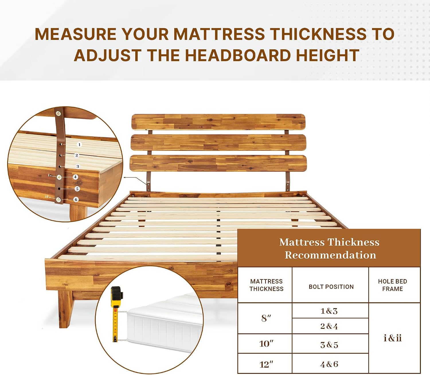 Bme Caden 15 Inch Deluxe Bed Frame with Adjustable Headboard - Mid Century, Retro Style with Acacia Wood - No Box Spring Needed - 12 Strong Wood Slat Support - Easy Assembly - Caramel, Queen