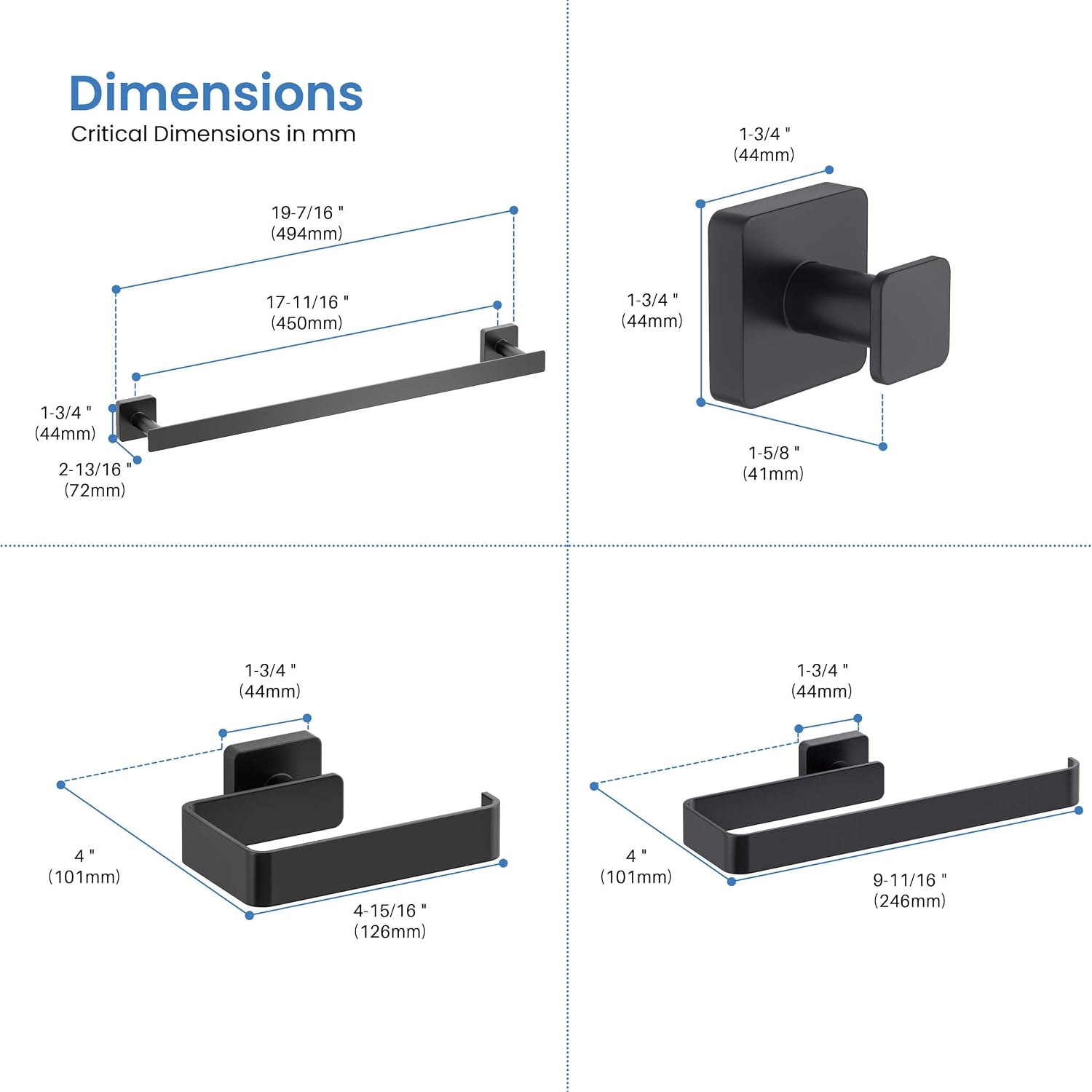 Kibi Blaze 5-Piece Bathroom Hardware Set – Includes 19 -Inch Hand Towel Bar and Holder, Toilet Paper Holder, Robe Hook – Wall Mounted, Solid Brass, Modern Bath Accessories (Matte Black, KBA16-5-1)