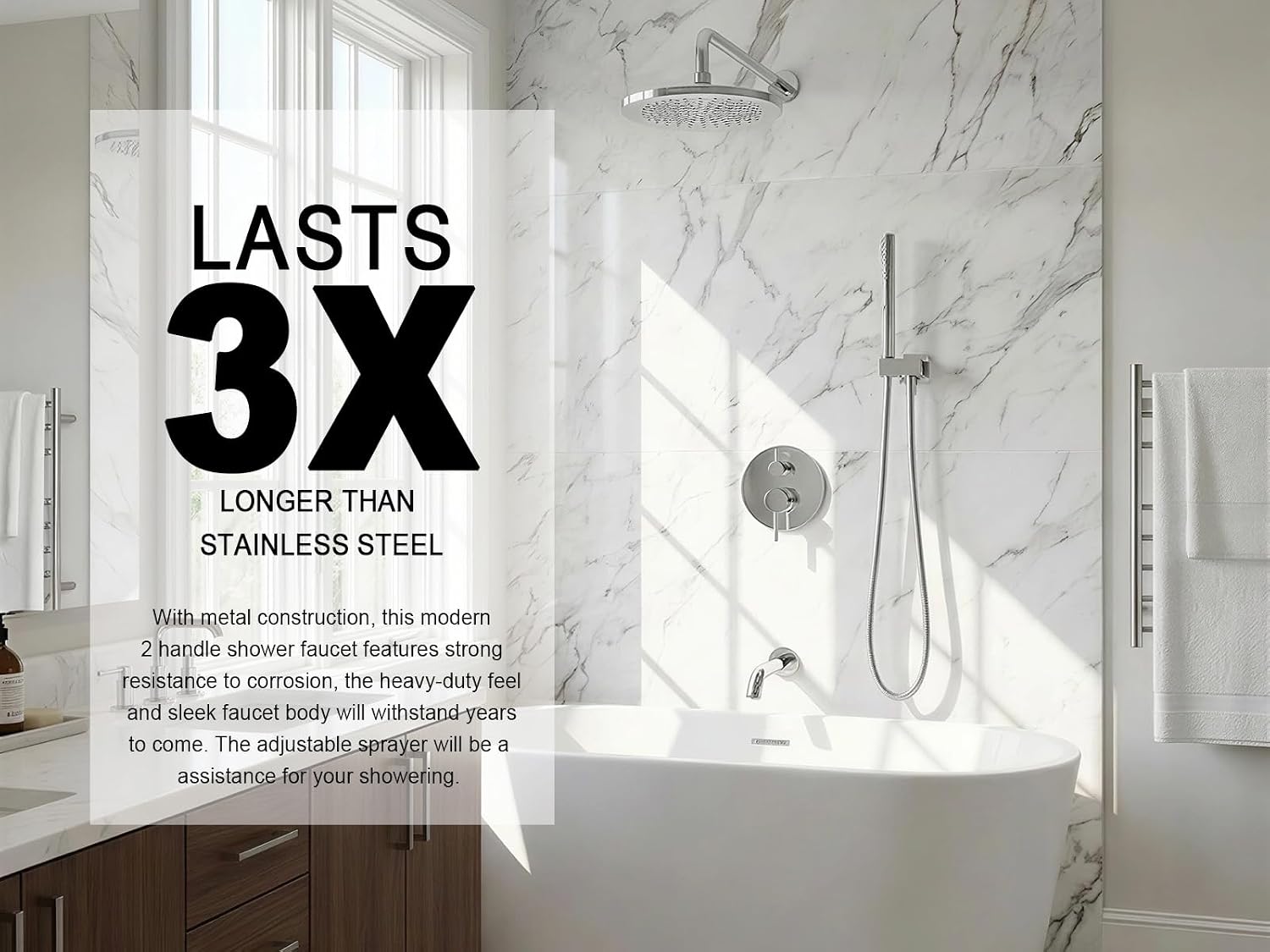 Lava Odoro Modern 3-Setting Round Rain Bathtub and Shower Faucet Set, Chrome Rainfall Shower Head and Handle Set, Rain Shower System with Tub Spout, Shower Valve Trim Kit, Chrome, SF104-C-T