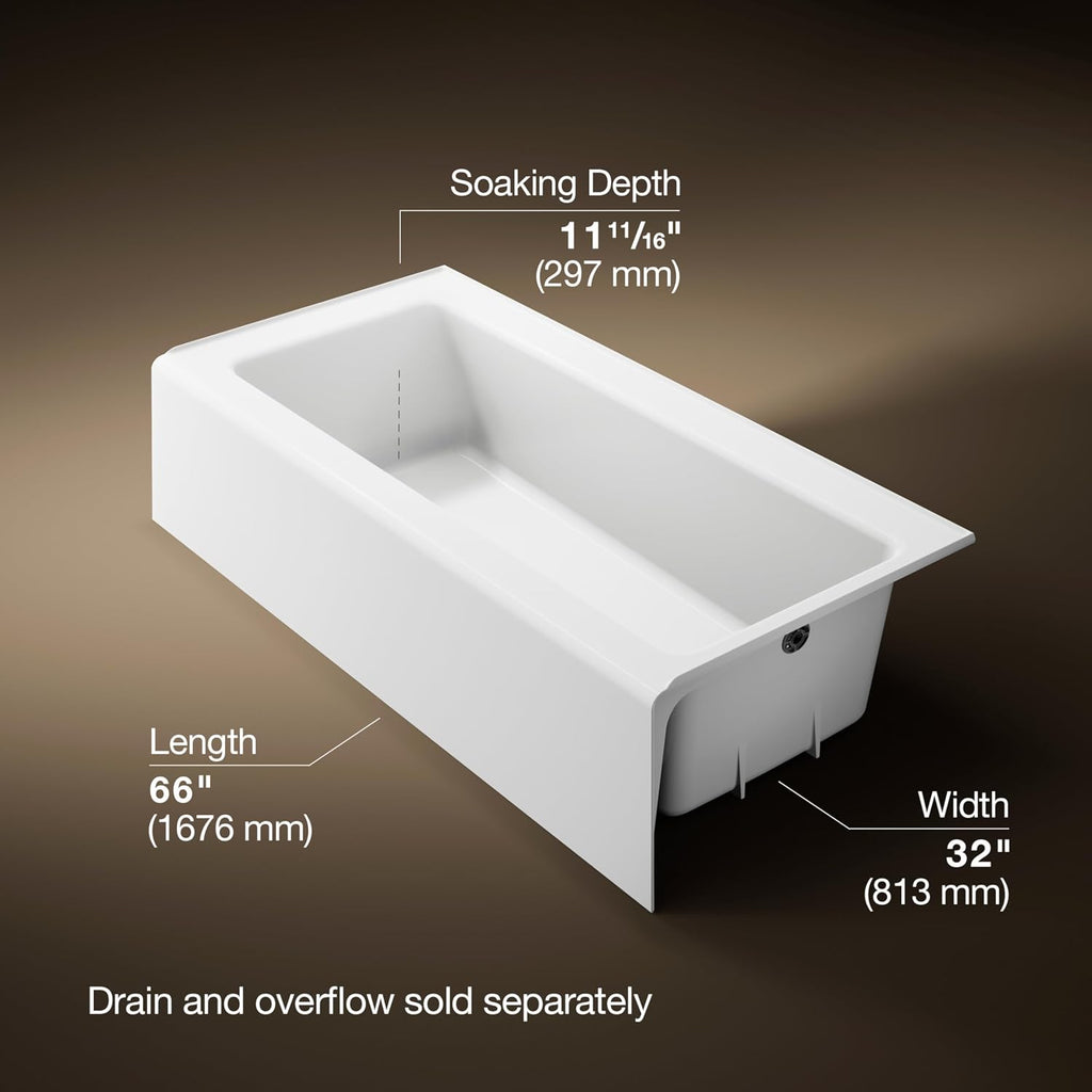 KOHLER 848-0 Bellwether 66' x 32' Cast Iron Alcove Bath with Integral Apron, Safeguard Slip-Resistant Surface, Right-Hand Drain, White