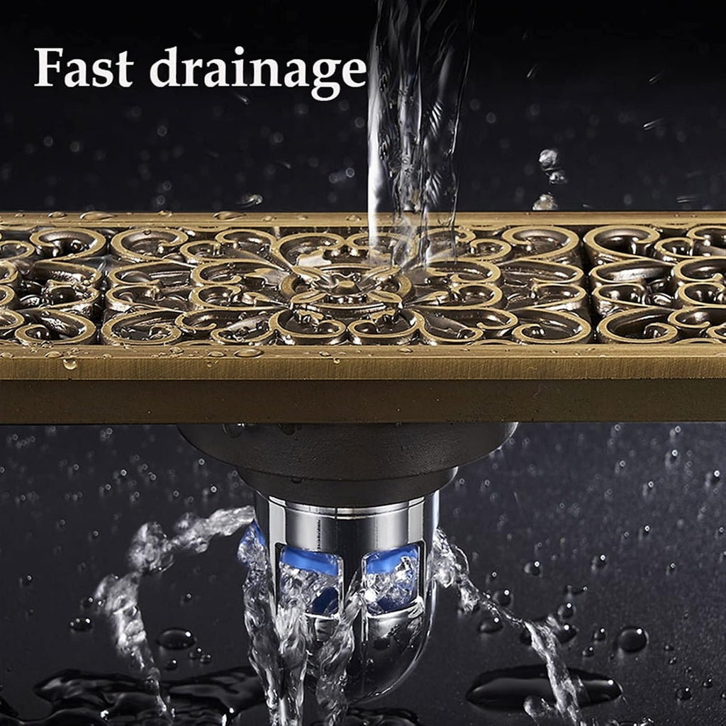 Linear Shower Drain with Hair Strainer, Brass Rectangle Shower Floor Drain with Removable Cover, Floor Drainer for Kitchen Washroom Garage and Basement, 11Inch (White)