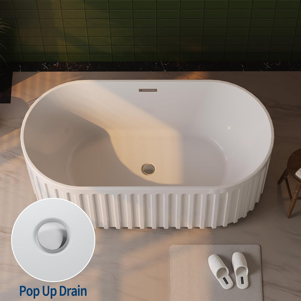 59 Inch Freestanding Bathtub, All-White Acrylic Soaking Tub with Chrome Drain, Deep Soaking Design for Spa Relaxation, Elegant Modern Bathtub for Main Bathroom,or Luxury Home