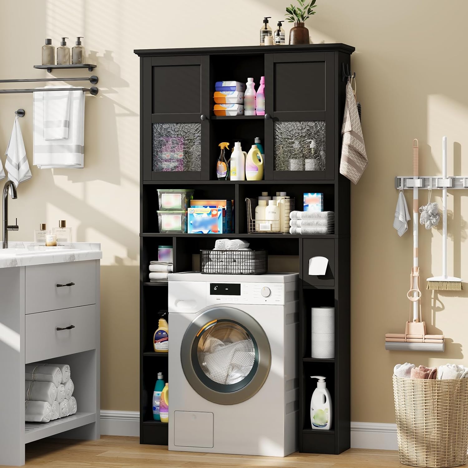 Over The Toilet Storage Cabinet, Bathroom Shelf Over Toilet with Hammered Grain Glass Doors and Adjustable Shelves, Freestanding Home Space Save Toilet Rack for Restroom, Bathroom, Laundry (Black)