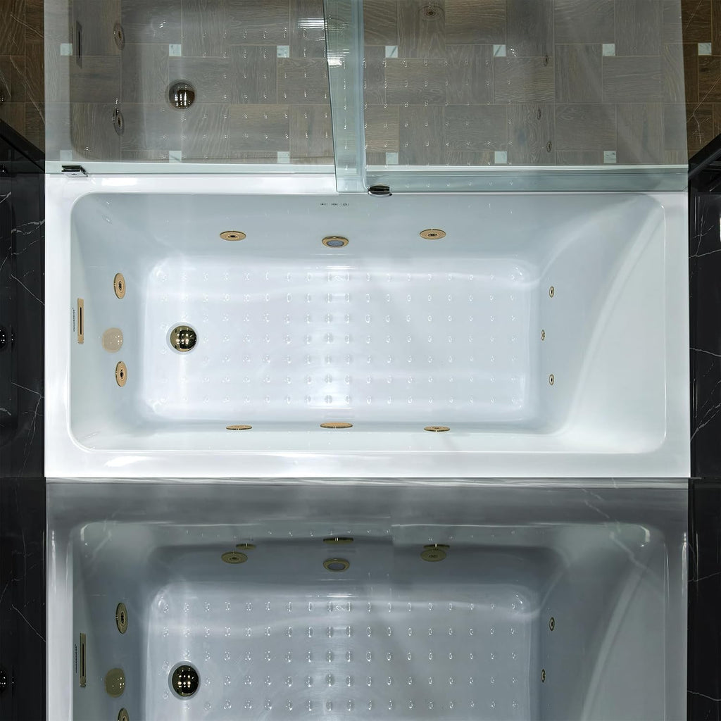 WOODBRIDGE 60' x 30' Alcove Acrylic Rectangular Whirlpool Heated Jetted Tub in White with right Drain, Brushed Gold Finish Trim and Drain Kit Included, BS666-R-BG03