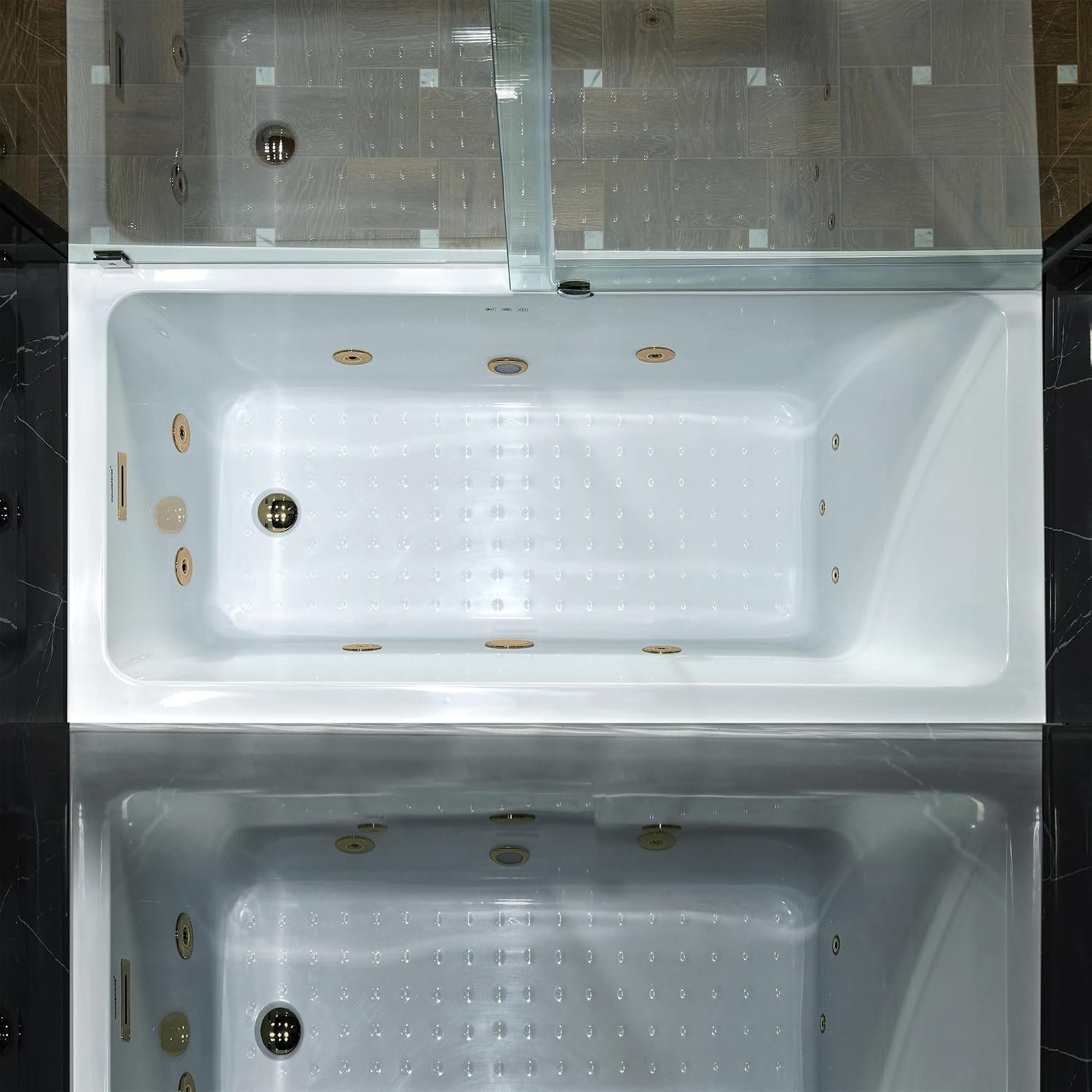 WOODBRIDGE 60' x 32' Alcove Acrylic Rectangular Whirlpool Heated Jetted Tub in White with right Drain, Brushed Gold Finish Trim and Drain Kit Included, BS667-R-BG03