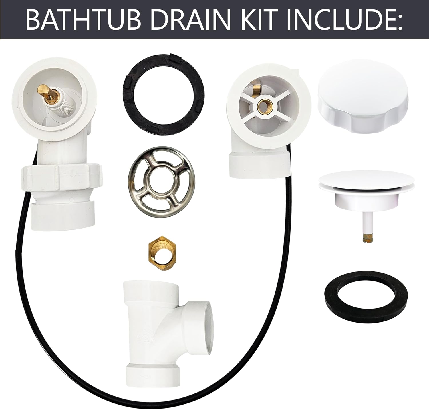 Westbrass A50P35BJ-50 1-1/2' Sch. 40 PVC 35' Cable Driven Bath Waste Kit with Ball Joint Head and Brass Trim Drain Kit, White