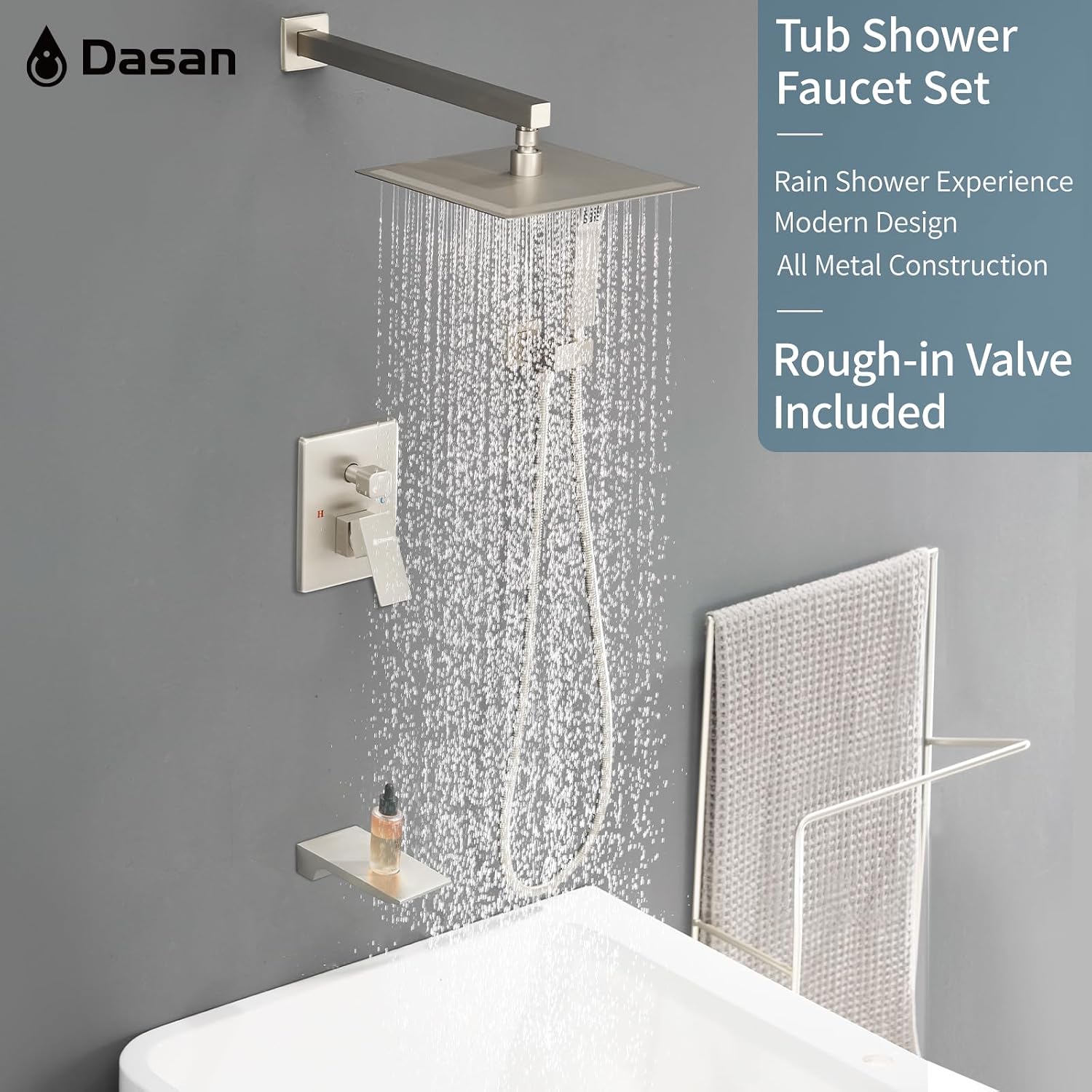 DASAN Tub Shower Faucets Sets Complete Brushed Nickel Bathtub Shower System with Waterfall Tub Spout, Bathtub Faucet Set Tub and Shower Faucet Combo Trim Kit with Valve, DA-SS04BN-S10W