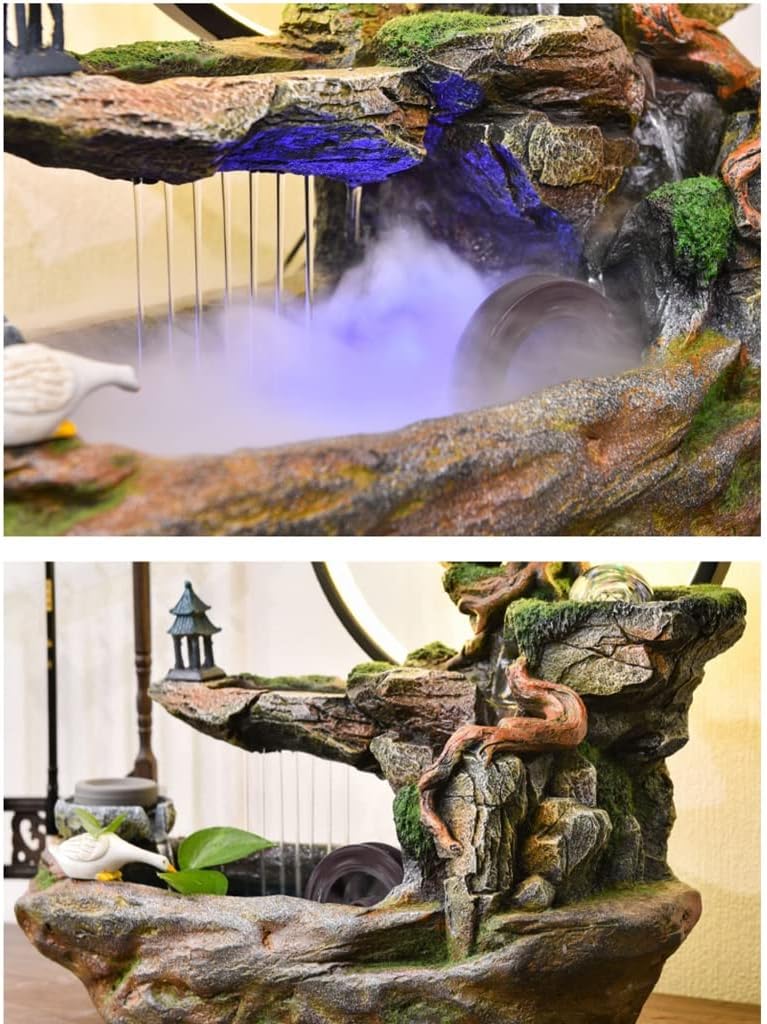 Tabletop Fountain Indoor Tabletop Fountain Indoor Waterfall Fountain Decoration Tabletop Fountain with LED Light Artificial Bonsai Tree Indoor Fountain Tabletop(with Nebulizer)