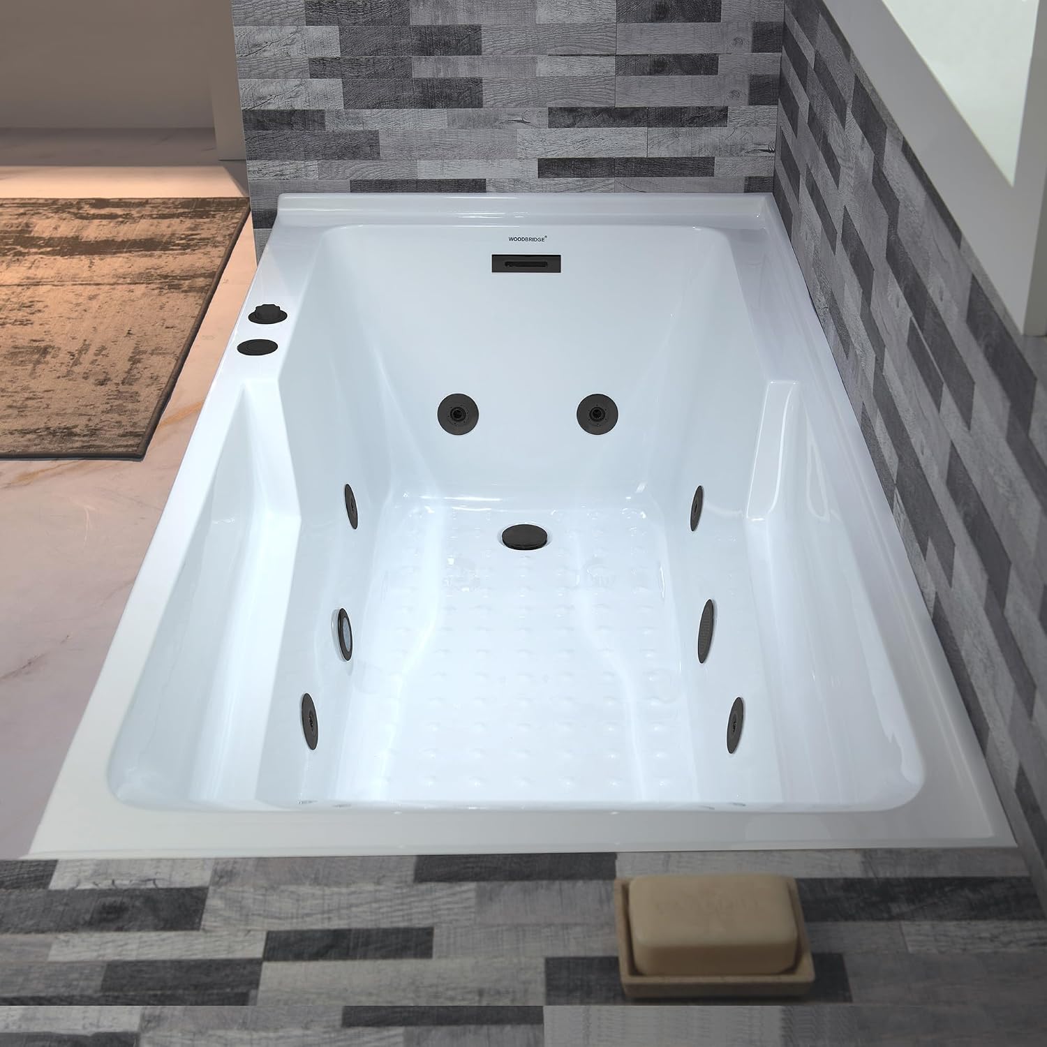 WOODBRIDGE 60' Alcove Acrylic Rectangular Whirlpool Heated Jetted Tub in White with Left Drain, Matte Black pop-up Drain Included BM6030L