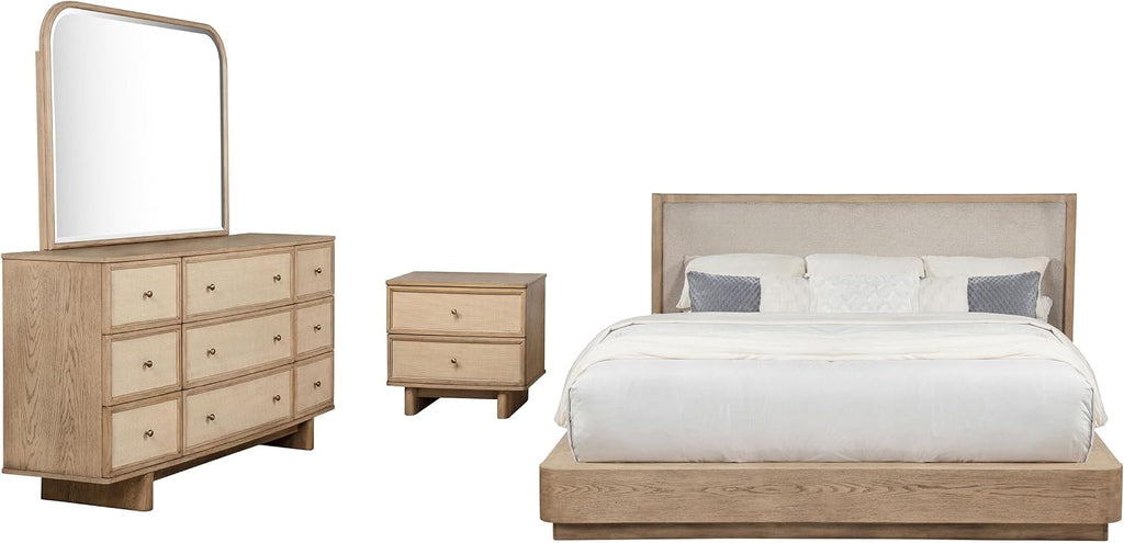 Coaster Home Furnishings Kailani Coastal 4-Piece Bedroom Set Fabric Upholstered Queen Size Wingback Bed Frame 49-inch Headboard Beige Oak 225041Q-S4