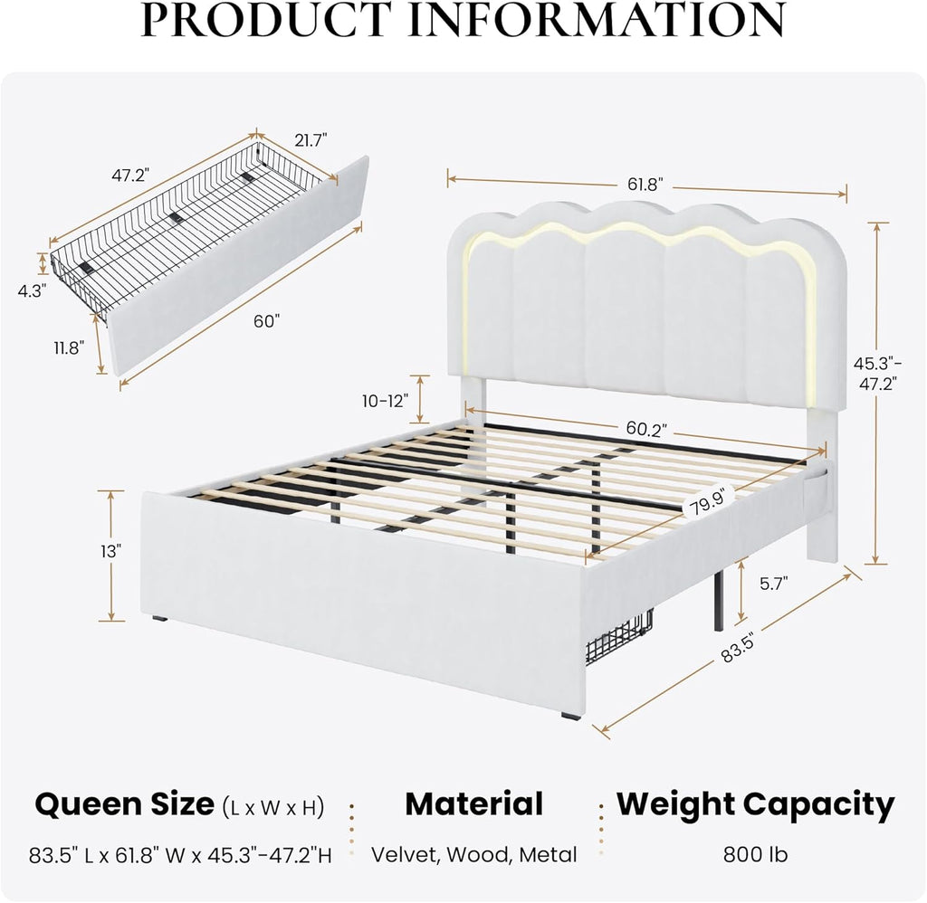 SHA CERLIN Upholstered Queen Size Bed Frame with LED Lights and Large Storage Drawer, Velvet Platform Bed with Adjustable Wavy Headboard, Noise Free, Easy Assembly, No Box Spring Needed, Soft White