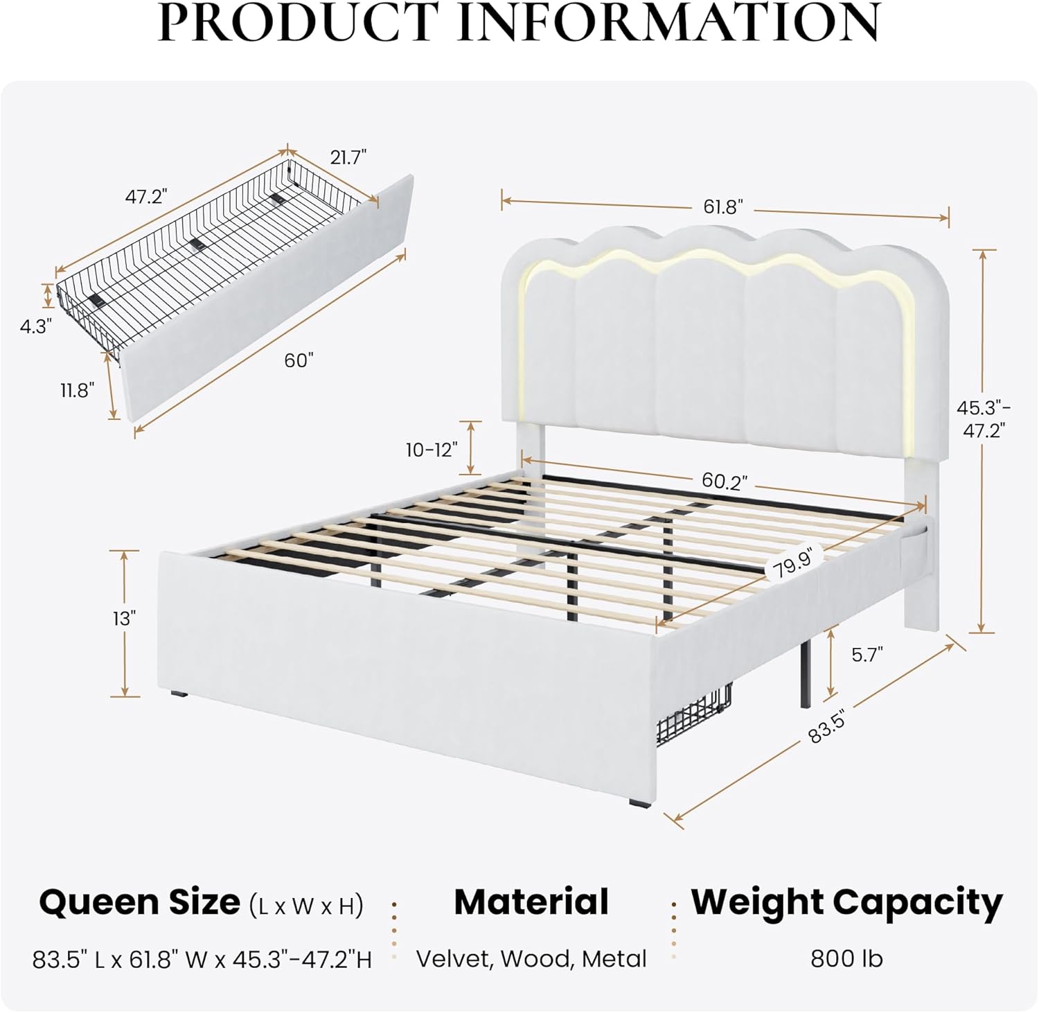 SHA CERLIN Upholstered Queen Size Bed Frame with LED Lights and Large Storage Drawer, Velvet Platform Bed with Adjustable Wavy Headboard, Noise Free, Easy Assembly, No Box Spring Needed, Soft White