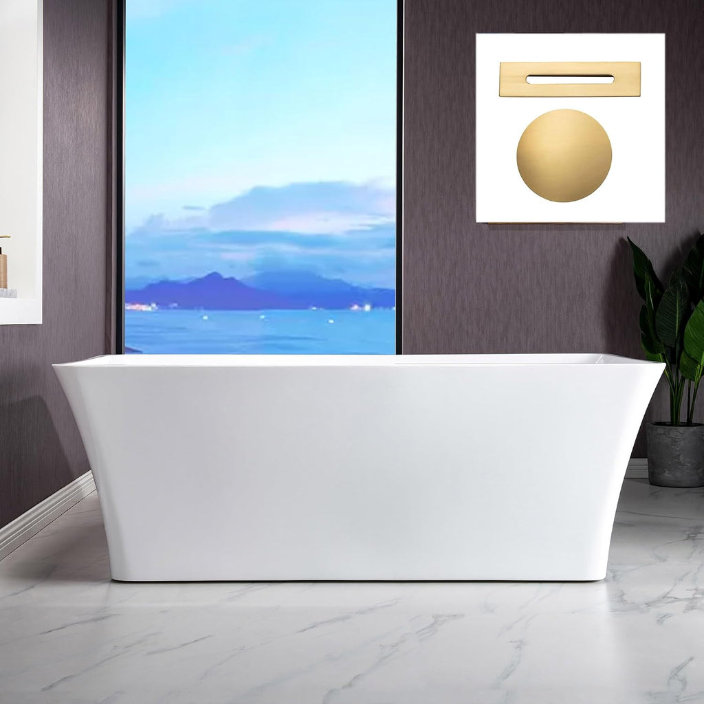 WOODBRIDGE 67' Acrylic Freestanding Bathtub Contemporary Soaking White Tub with Brushed Gold Overflow and Drain，BTA1609-BG-Drain &O