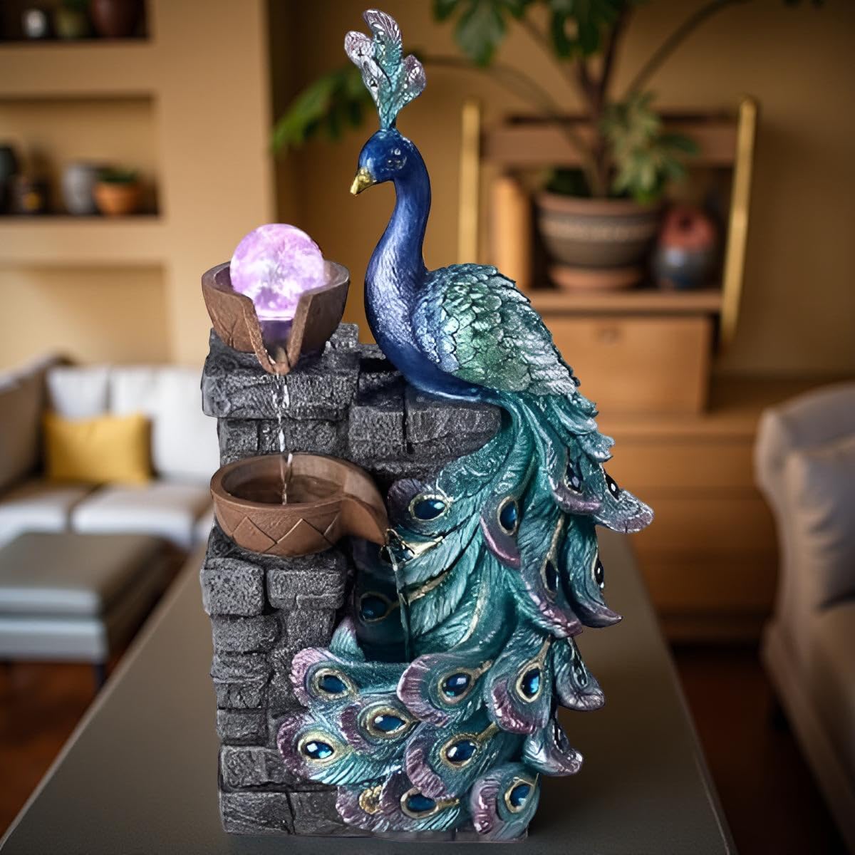 13.8-inch Peacock-Shaped Indoor Tabletop Fountain with LED Lights, Multi-Layer Waterfall & Crystal Ball – Includes 10 Free Natural Crystals – Silent Zen Decor for Home, Office & Meditation