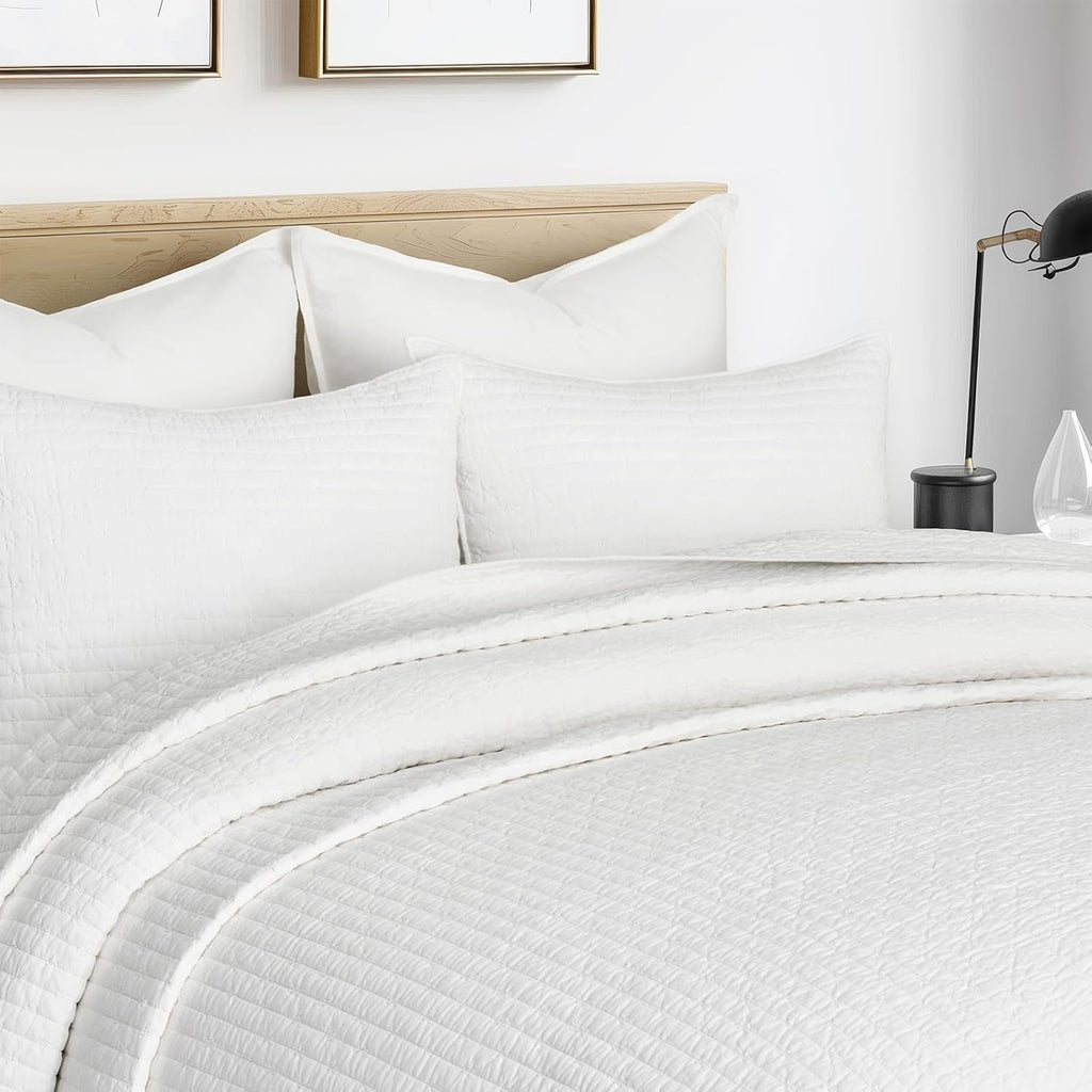 EVERGRACEHOME Cross Stitch Pre-Washed Cotton Quilt Bedding Set Queen Size, Oversized 3 Pieces Lightweight Bedspread Coverlet for All Season, with 2 Matching Shams, Bright White, 92'x96'