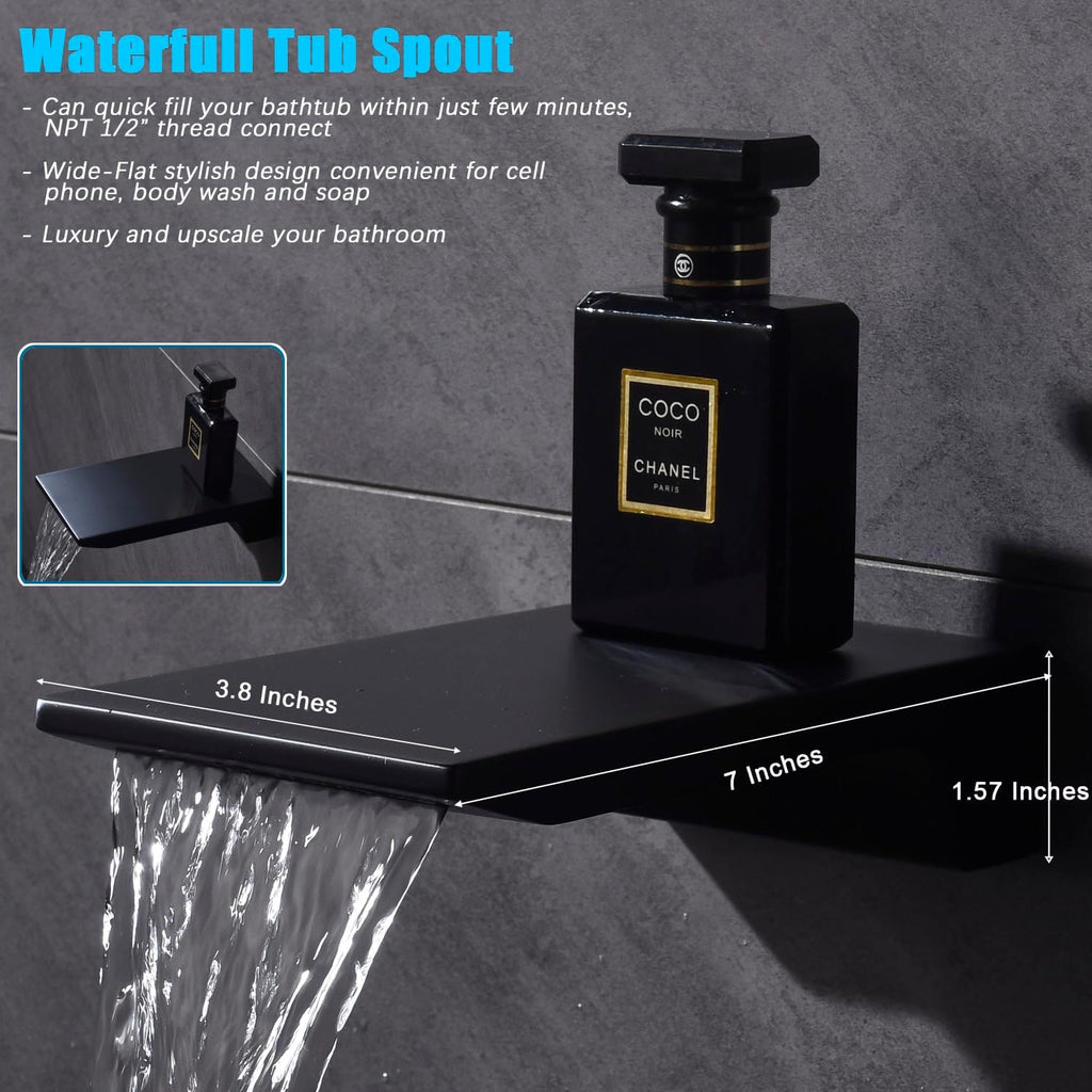 Shower System with Tub Spout 10 Inch Overhead Shower 4 Setting Handheld Spray Rough In Pressure Balance Valve Body with Trim Kit Wall Mounted Rainfall Bathtub Shower Faucet Set (Matte Black)