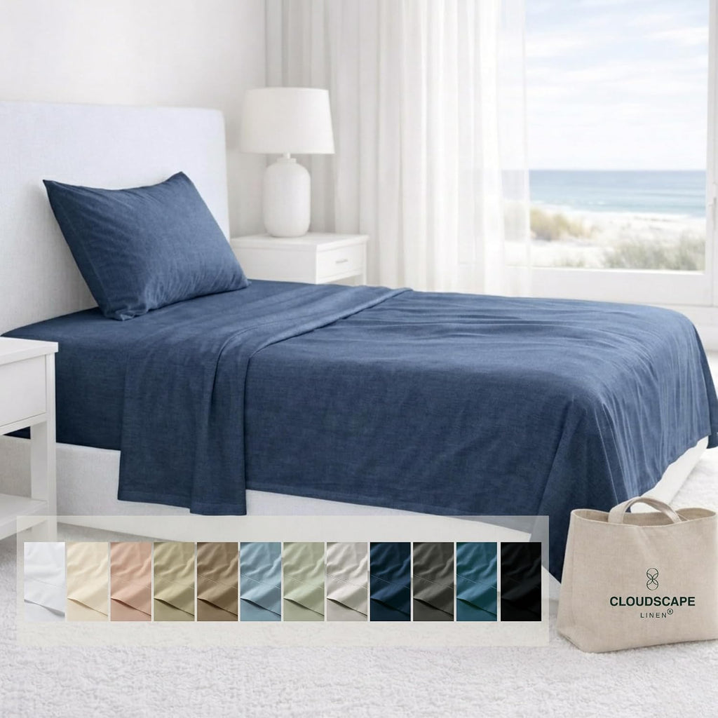 CLOUDSCAPE 100% Egyptian Cotton Sheets Twin XL Size, 3 Pcs Breathable and Naturally Cooling Bedding Set, Long-Staple Cotton for Softness, Deep Pocket Fitted up to 16' Twin XL Sheet, Dark Denim
