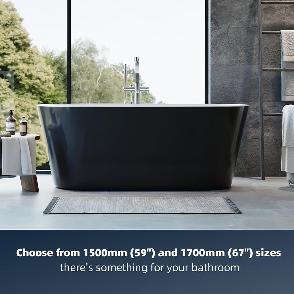 59' Free Standing Tub, Acrylic Soaking Bathtub, Stand Alone Freestanding Tub with Matte Sliver Drain and Overflow, Contemporary Bathtub for Bathroom, Black