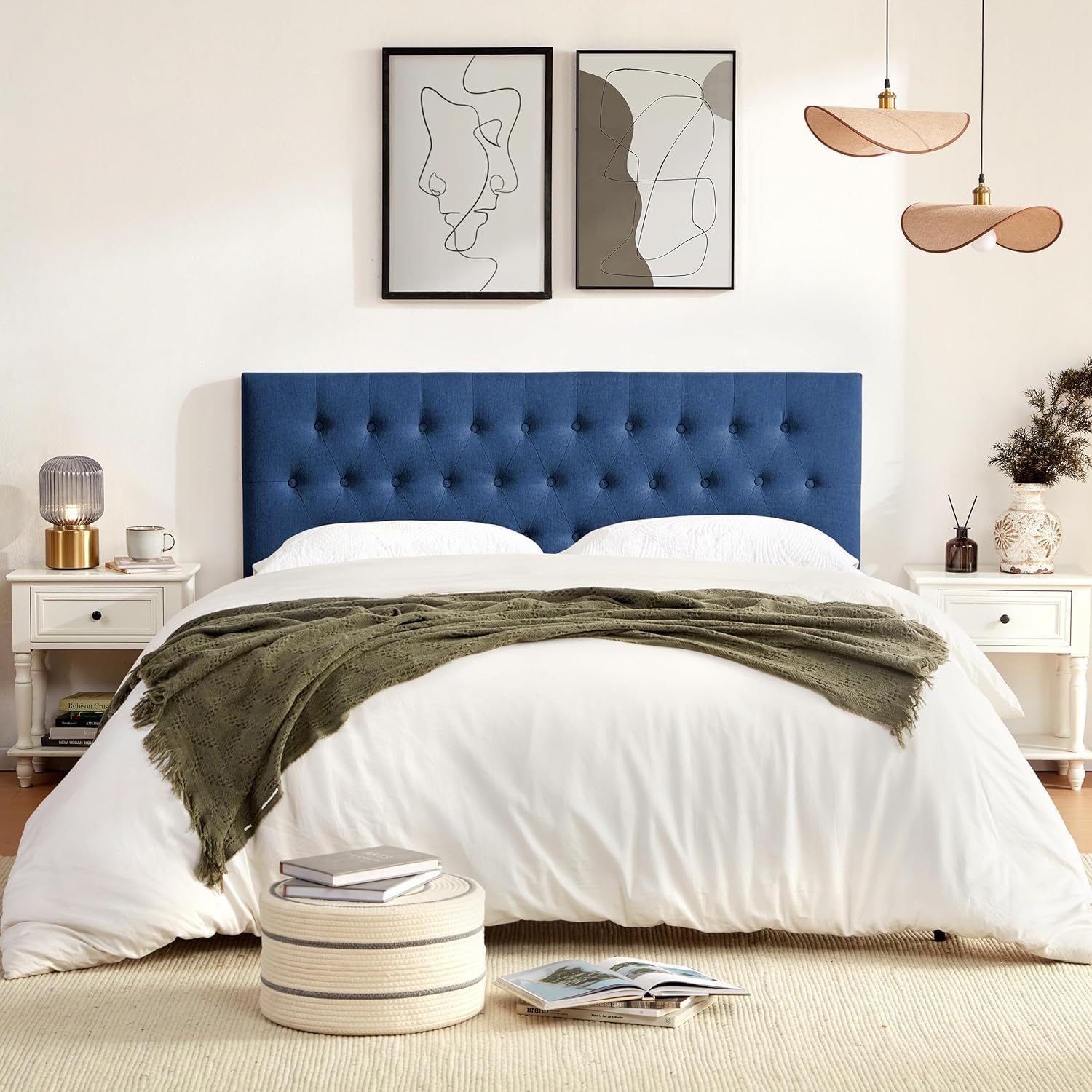 Huatean Home Tufted Upholstered Headboard Queen Size, Solid Wood Head Board with Metal Legs, Adjustable Height Bed headboard from 37' to 51' Fabric Headboard in Modern Button Design, Blue