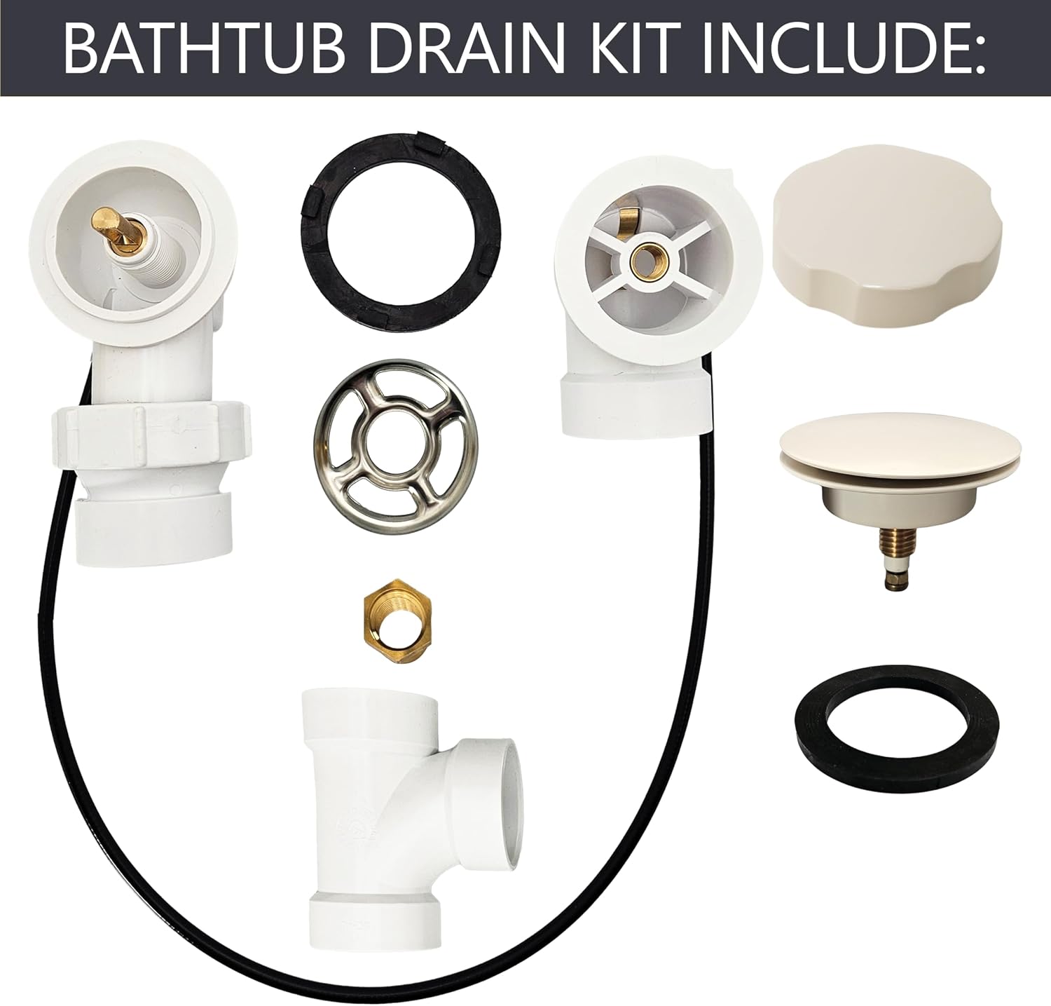 Westbrass A50P35BJ-65 1-1/2' Sch. 40 PVC 35' Cable Driven Bath Waste Kit with Ball Joint Head and Brass Trim Drain Kit, Biscuit