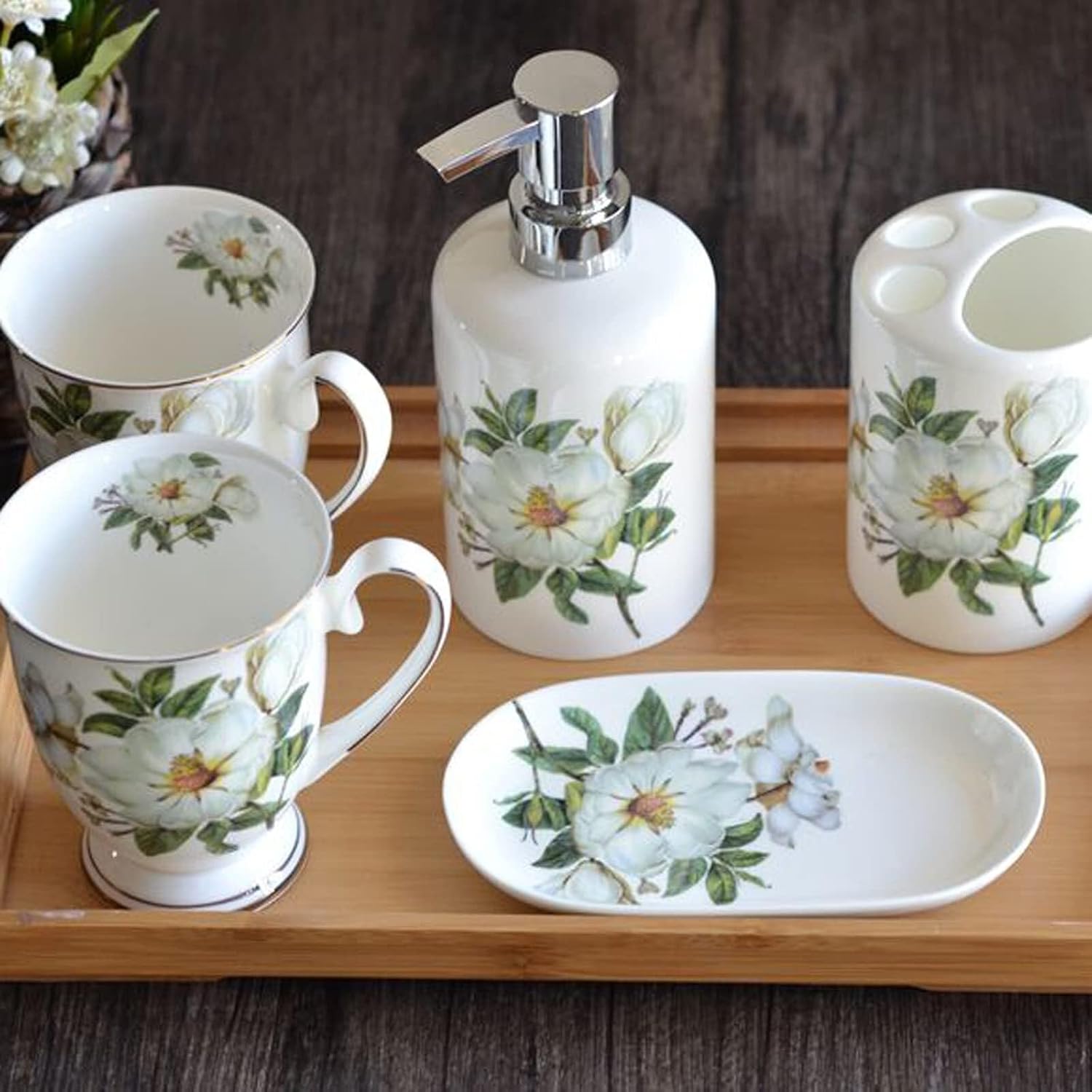 Bathroom Accessories Set 5 Piece Modern Ceramic Bathroom Accessory Set with Soap Dispenser, Tumbler Toothbrush Holder Dish 4pcs Victorian Decor(D)