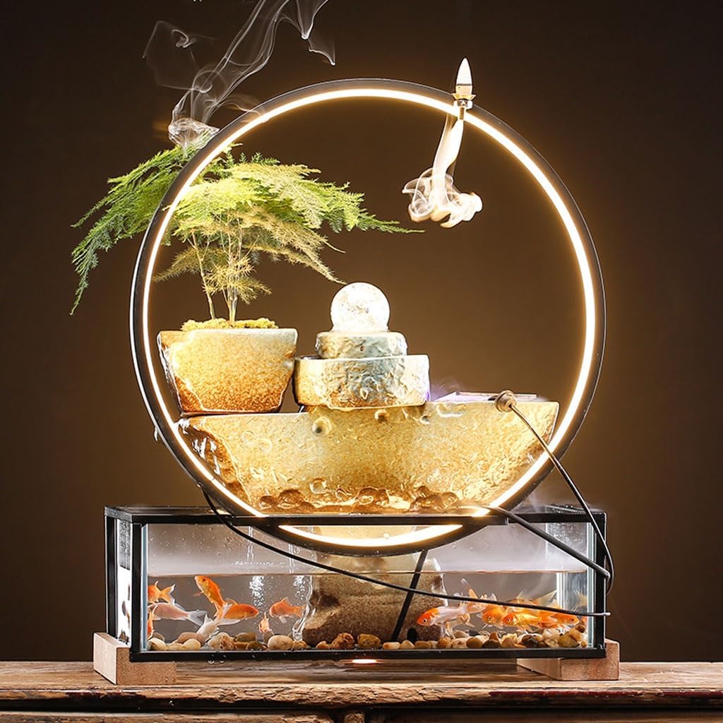 GUERNSEY Tabletop Fountain Creative Fish Tank Ornaments Office Desktop Fountain Living Room Desktop Decorations Tea Room Ceramic Fountain Ornaments Indoor Waterfall Feature Indoor Fountain