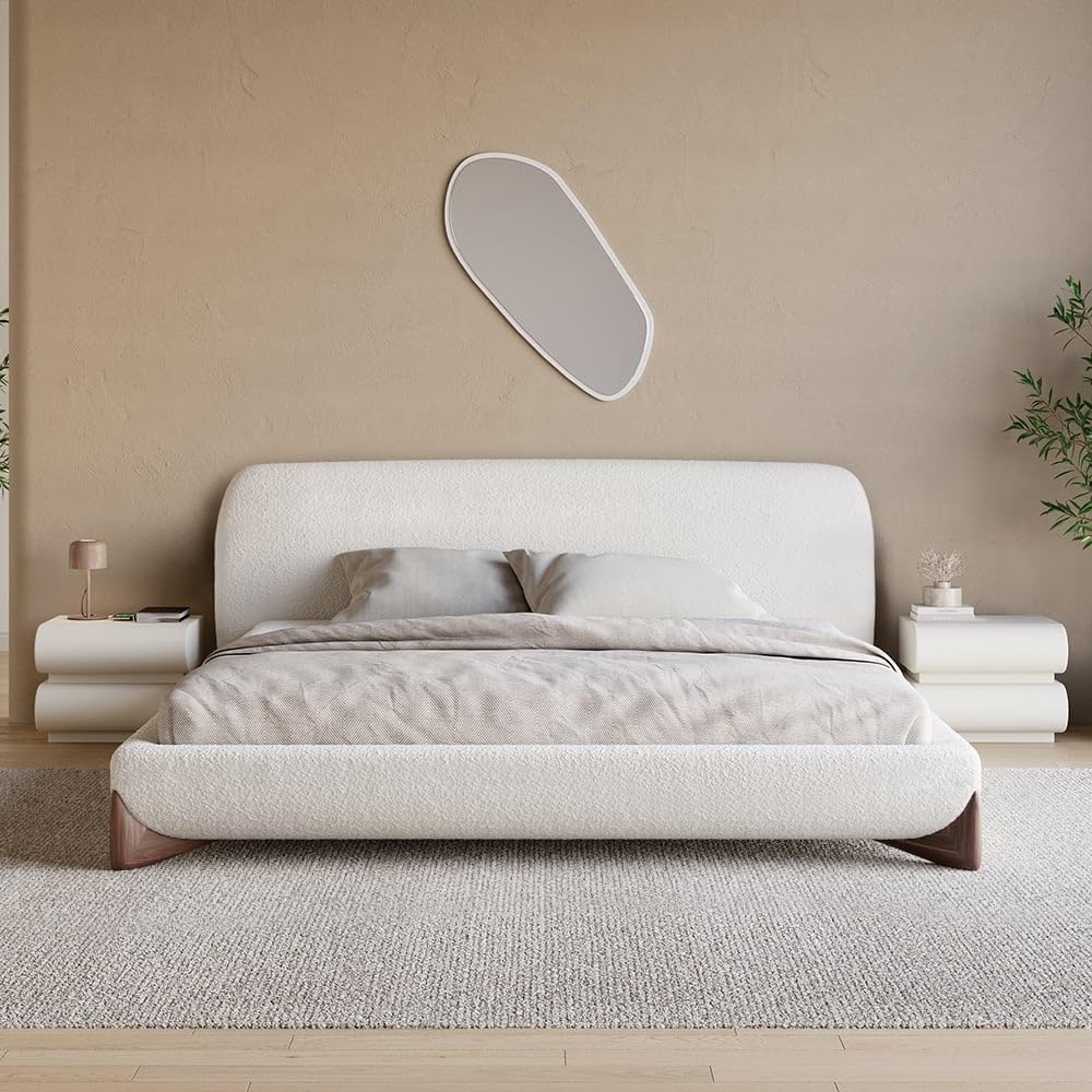 homary Queen Size Upholstered Bed with 2 Two-Drawer Nightstands – Modern Bedroom Set with Wireless Charging, USB Ports, Faux Leather & Bouclé Upholstered Bed Frame with Headboard