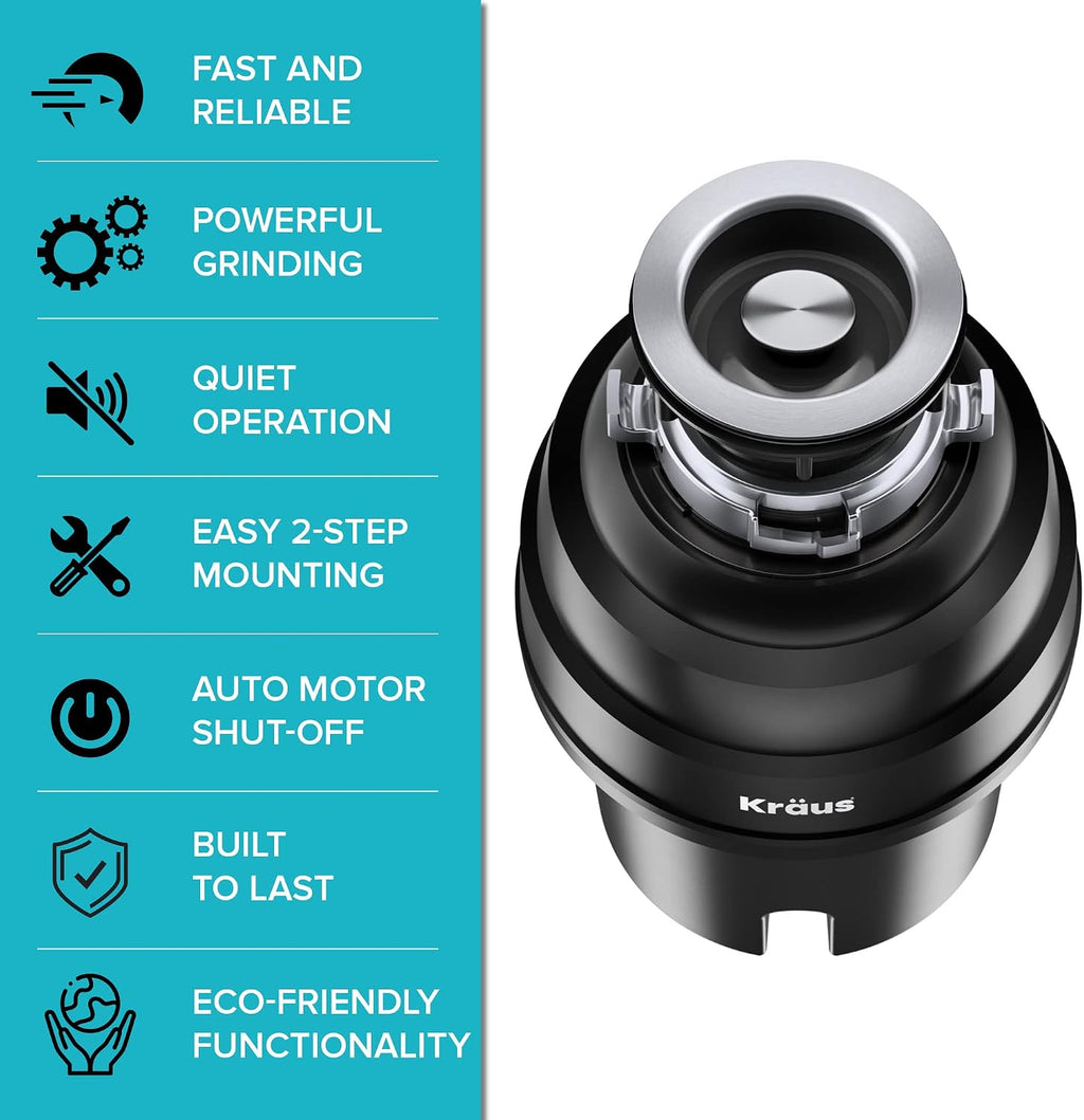 KRAUS WasteGuard 1 HP Ultra-Quiet Garbage Disposal with Quick Connect, Kitchen Sink Drain Cover, Power Cord and Flange Included, KWD100-100MBL