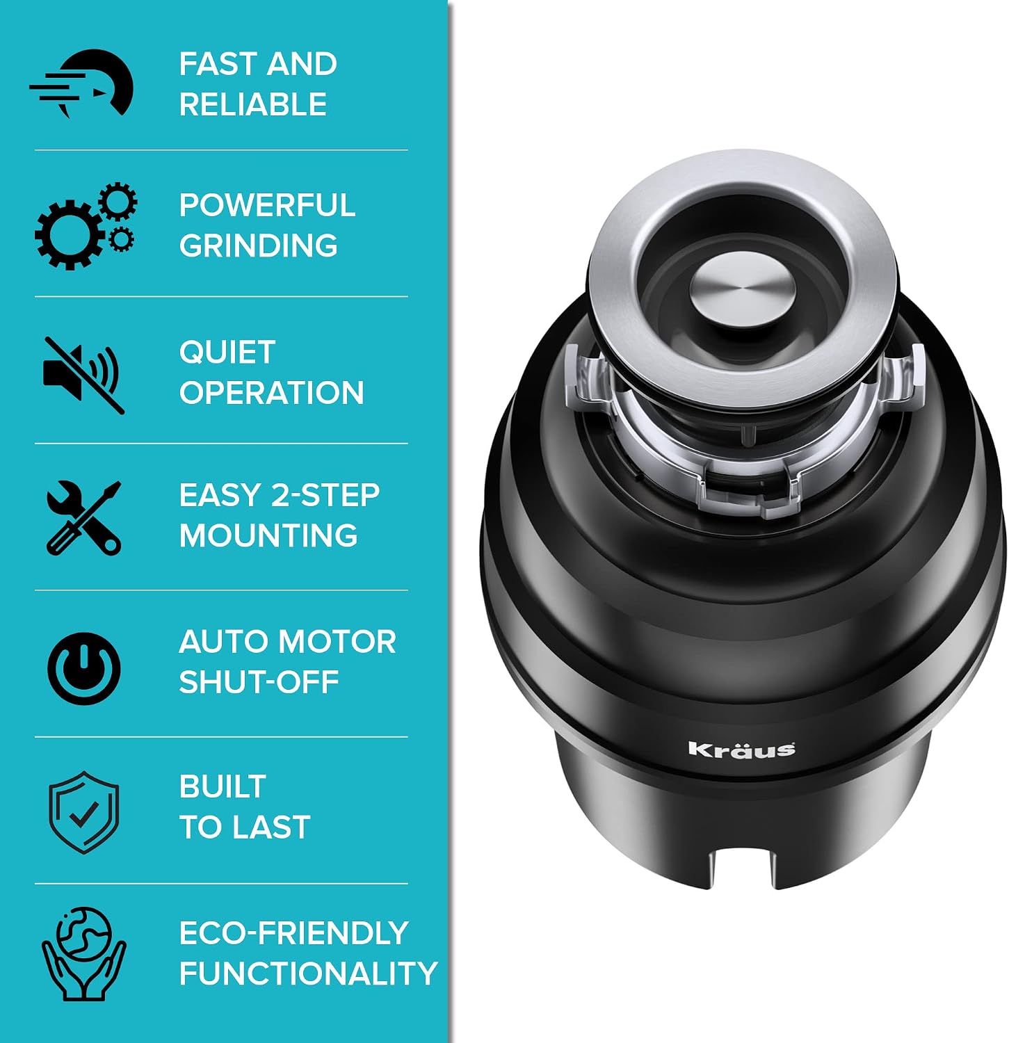 KRAUS WasteGuard 1 HP Ultra-Quiet Garbage Disposal with Quick Connect, Kitchen Sink Drain Cover, Power Cord and Flange Included, KWD100-100MBL