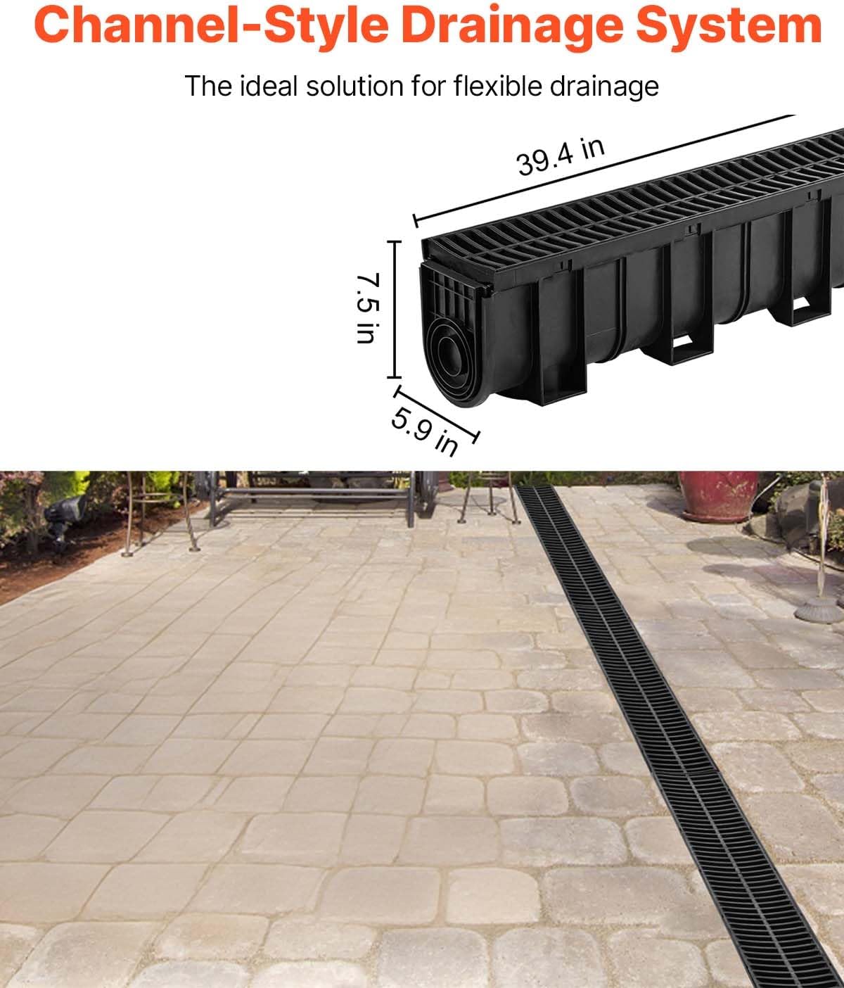 VEVOR Trench Drain System 5 Pack, Channel Drain with Plastic Grate 5.9 x 7.5 in HDPE Drainage Trench, Black Plastic Garage Floor Waterway 5 x 39 in with 5 End Caps for Garden Driveway
