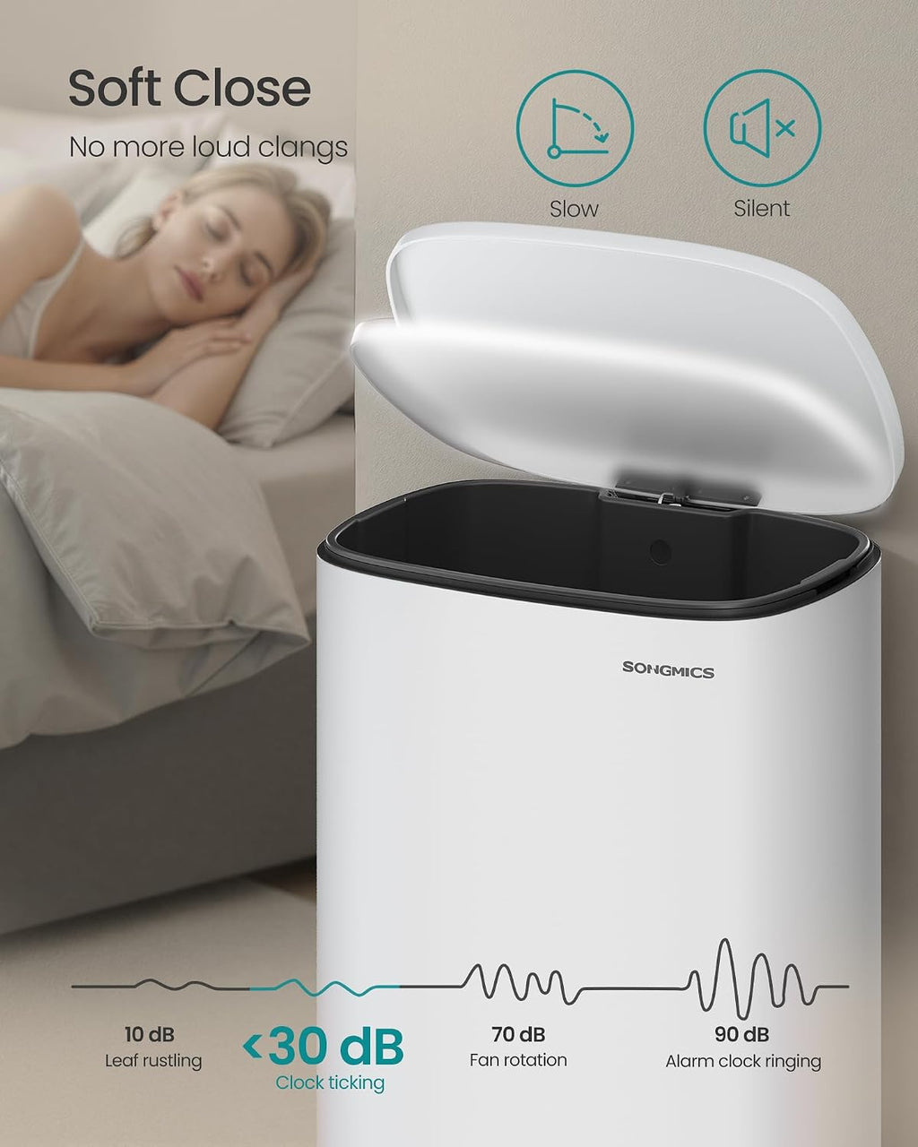 SONGMICS 20-Gallon (75 L) Trash Can, Stainless Steel Kitchen Garbage Can, Recycling or Waste Bin, Soft Close, Step-On Pedal, Removable Inner Bucket, White ULTB075WZ01