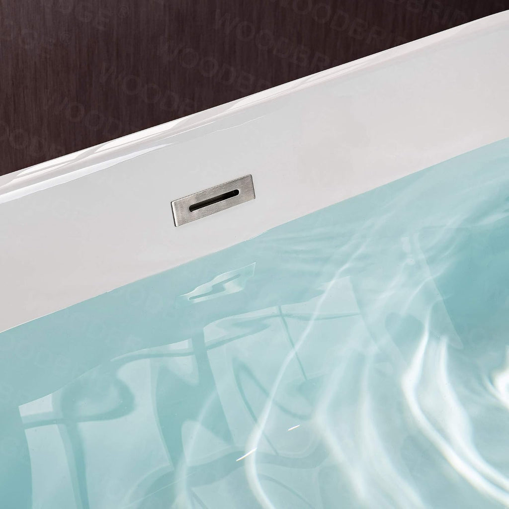 WOODBRIDGE 67' Acrylic Freestanding Bathtub Contemporary Soaking White Tub with Brushed Nickel Overflow and Drain，B0013-BN