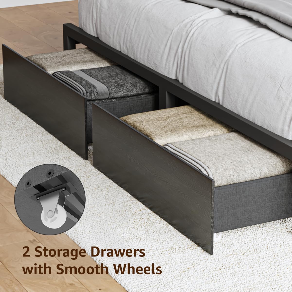 DOGIBIXO Full Size Black Bed Frame with 4 Storage, Upholstered Velvet Platform Bed Frames with Button Tufted Headboard Led Lights, Wooden Slats Support, No Box Spring Needed, Black