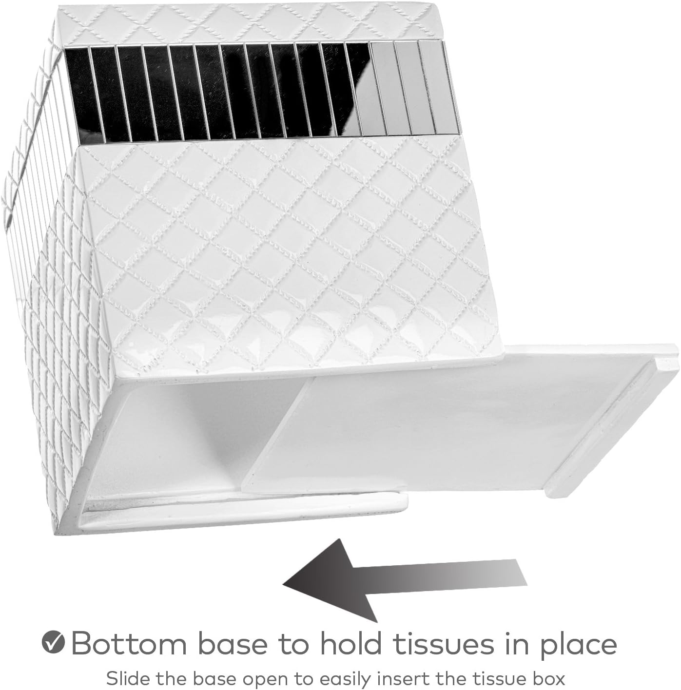 Creative Scents Quilted Mirror White Bathroom Accessories Set - 7 Pc Bathroom Set Includes Trash Can, Tissue Cover, Vanity Tray, Soap Dispenser, Toothbrush Holder, Tumbler & Soap Dish (Quilted Mirror)