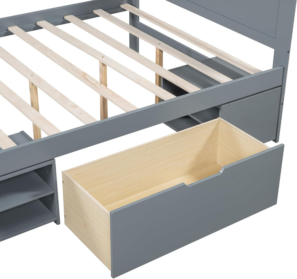 Wood Full Size Platform Bed with Storage Drawer and Removable Bedside Table, Modern Captain's Bed Frame with Shelves, Sturdy Slat Support, No Box Spring Required (Gray-9.29)